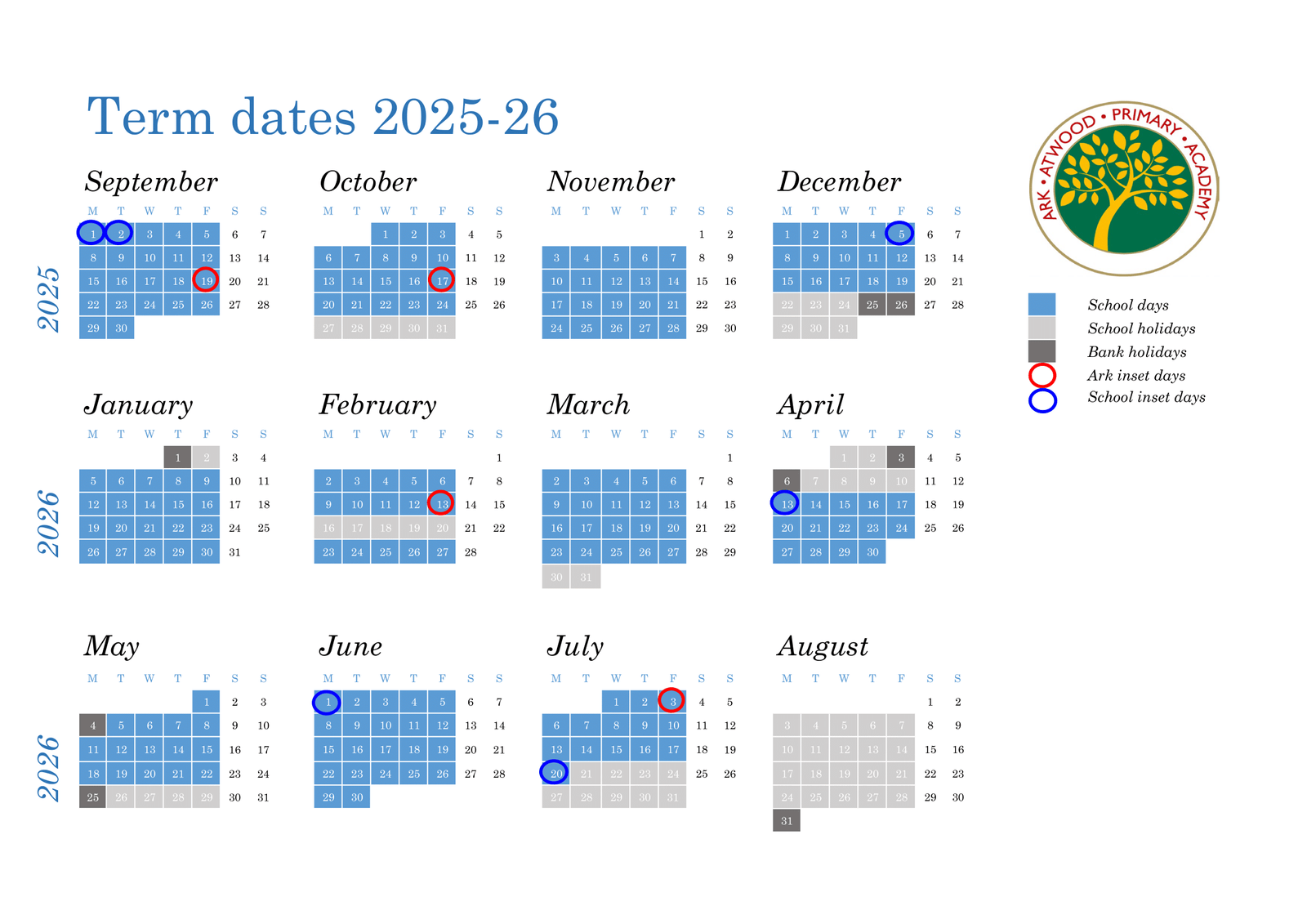 Ark Atwood Primary Academy Term Dates 25-26 Revised [PDF]