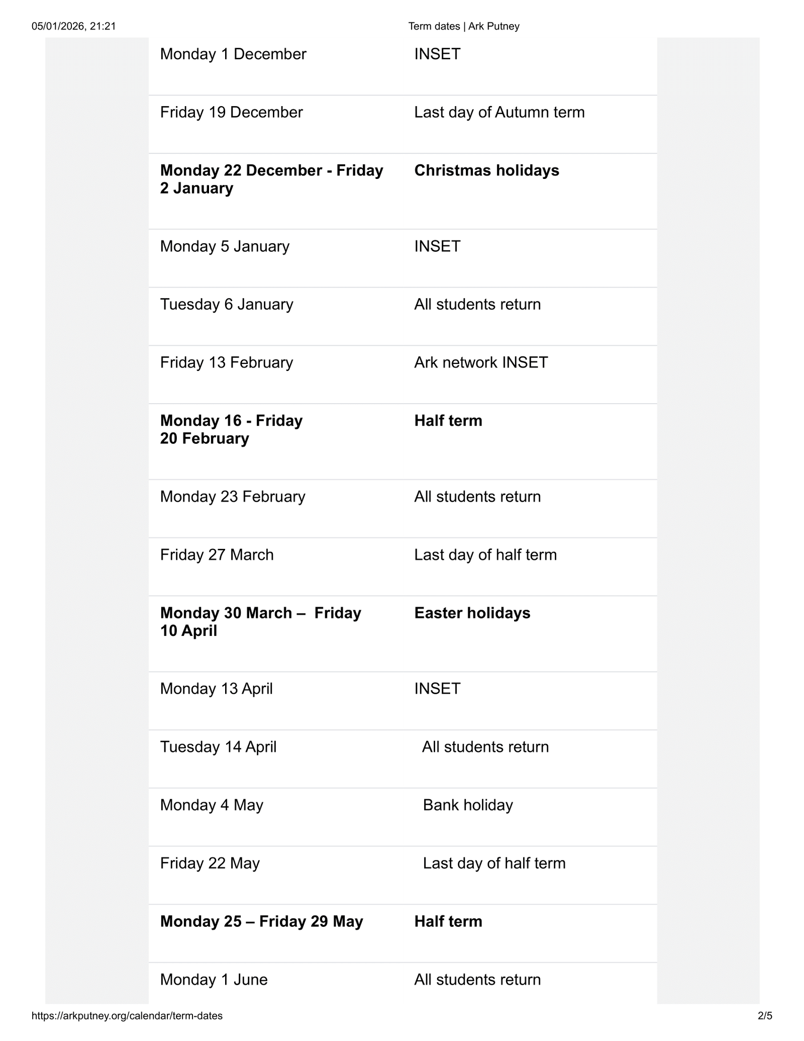 Ark Putney term dates 25-26 Official Updates Term Dates