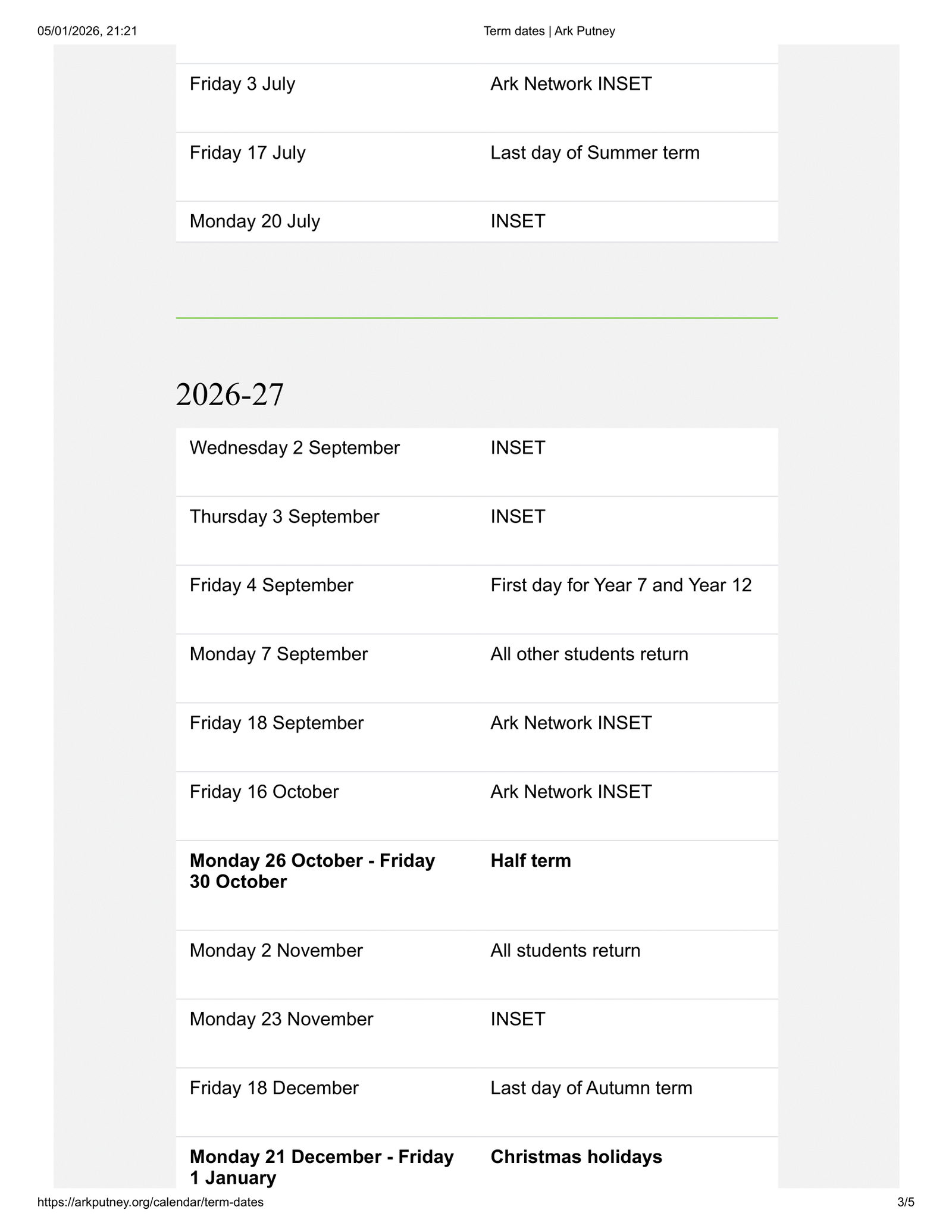 Ark Putney term dates 25-26 Official Updates Term Dates