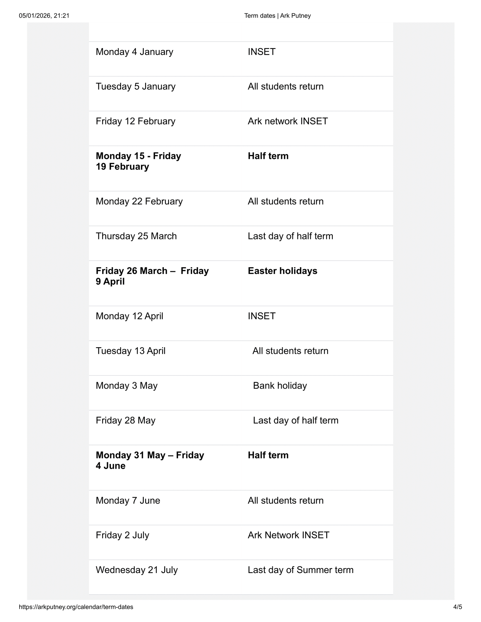 Ark Putney term dates 25-26 Official Updates Term Dates
