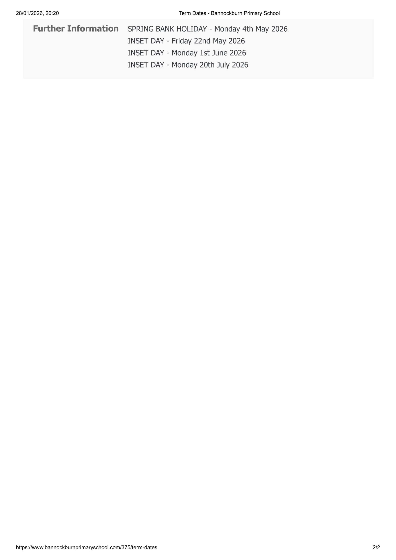 Bannockburn Primary School Term Dates 25-26 Official Updates Term Dates