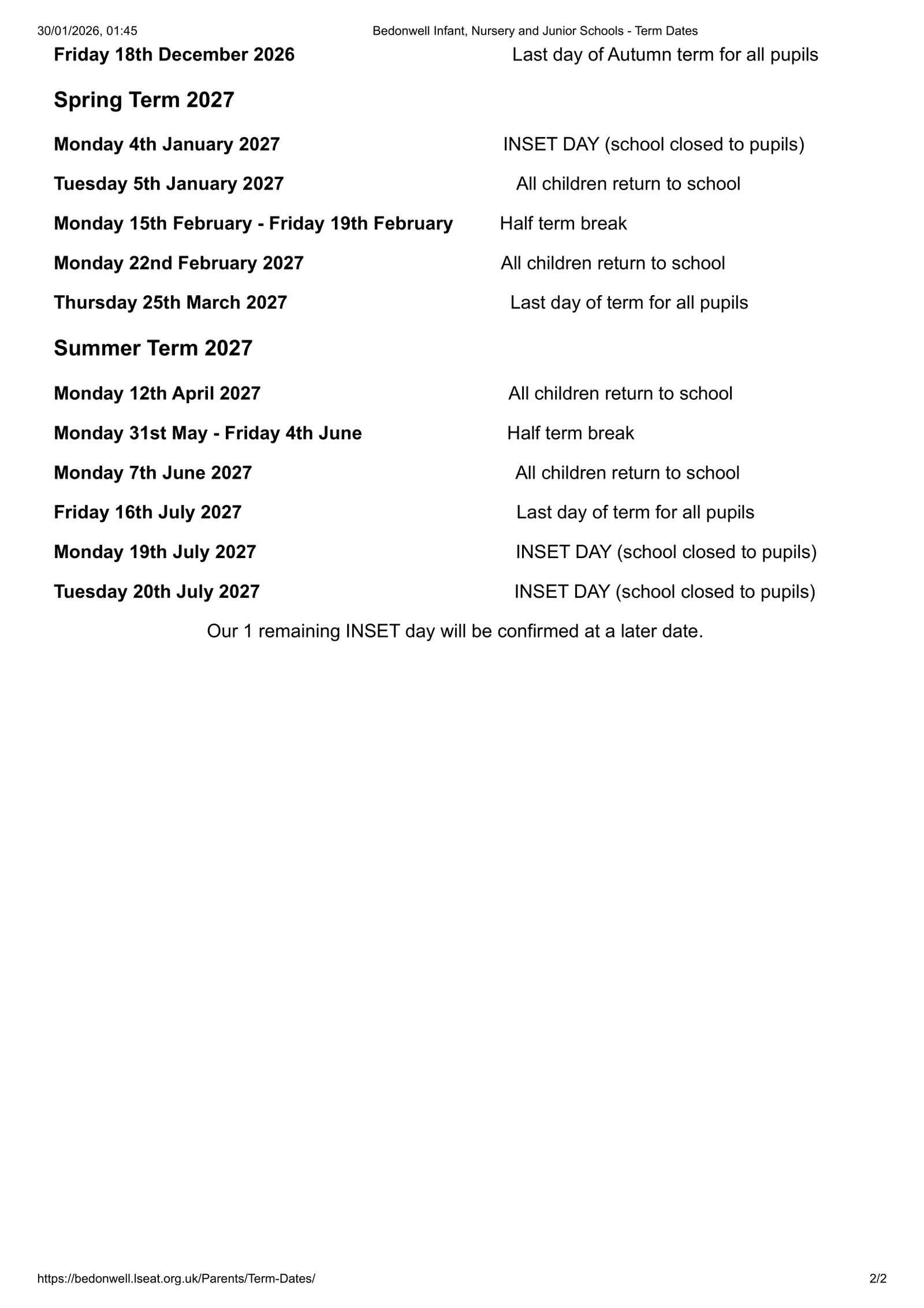 Bedonwell Infant, Nursery and Junior Schools 25-26 Term Dates Revised PDF Term Dates
