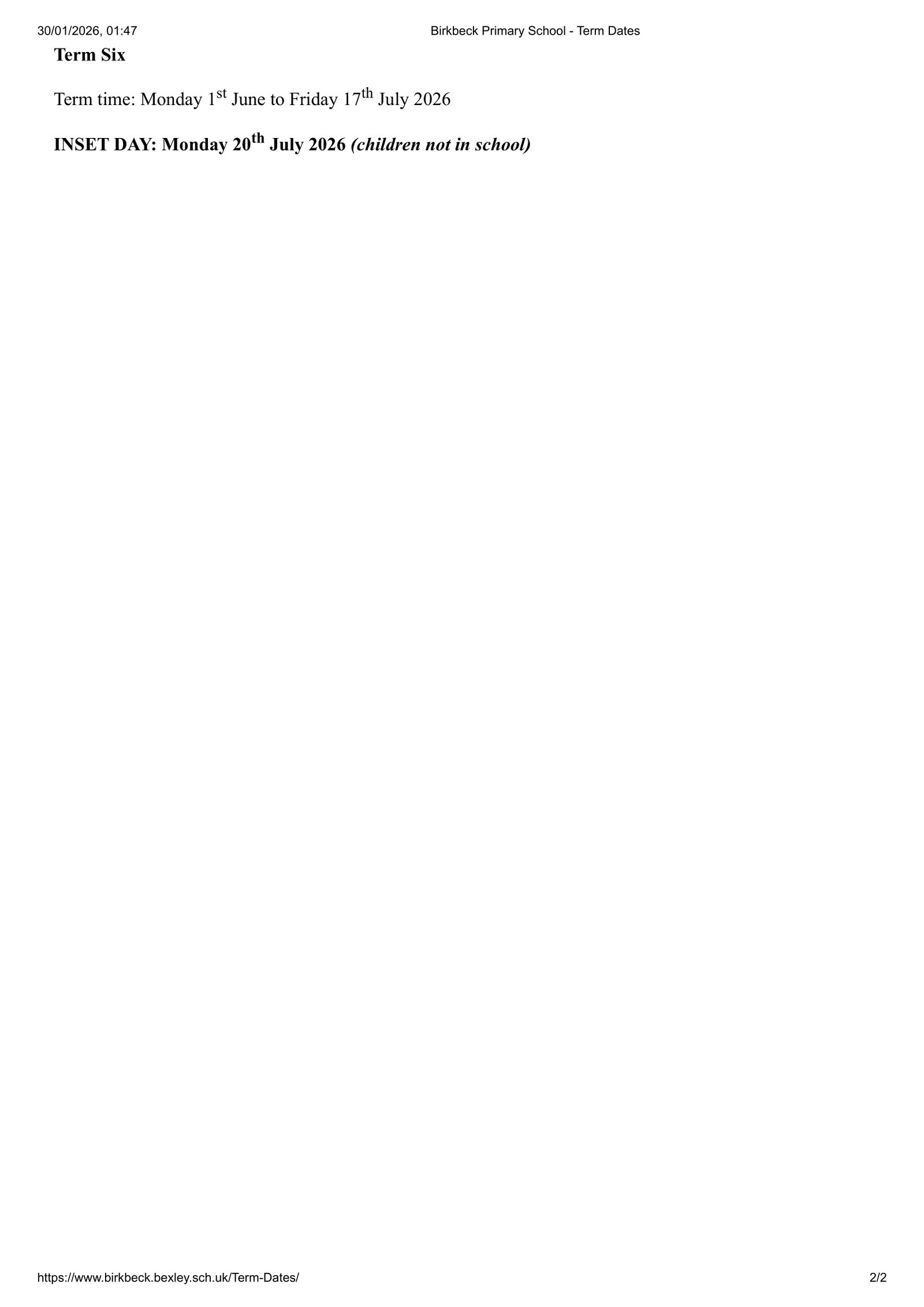 Birkbeck Primary School 25-26 Term Dates Revised PDF Term Dates