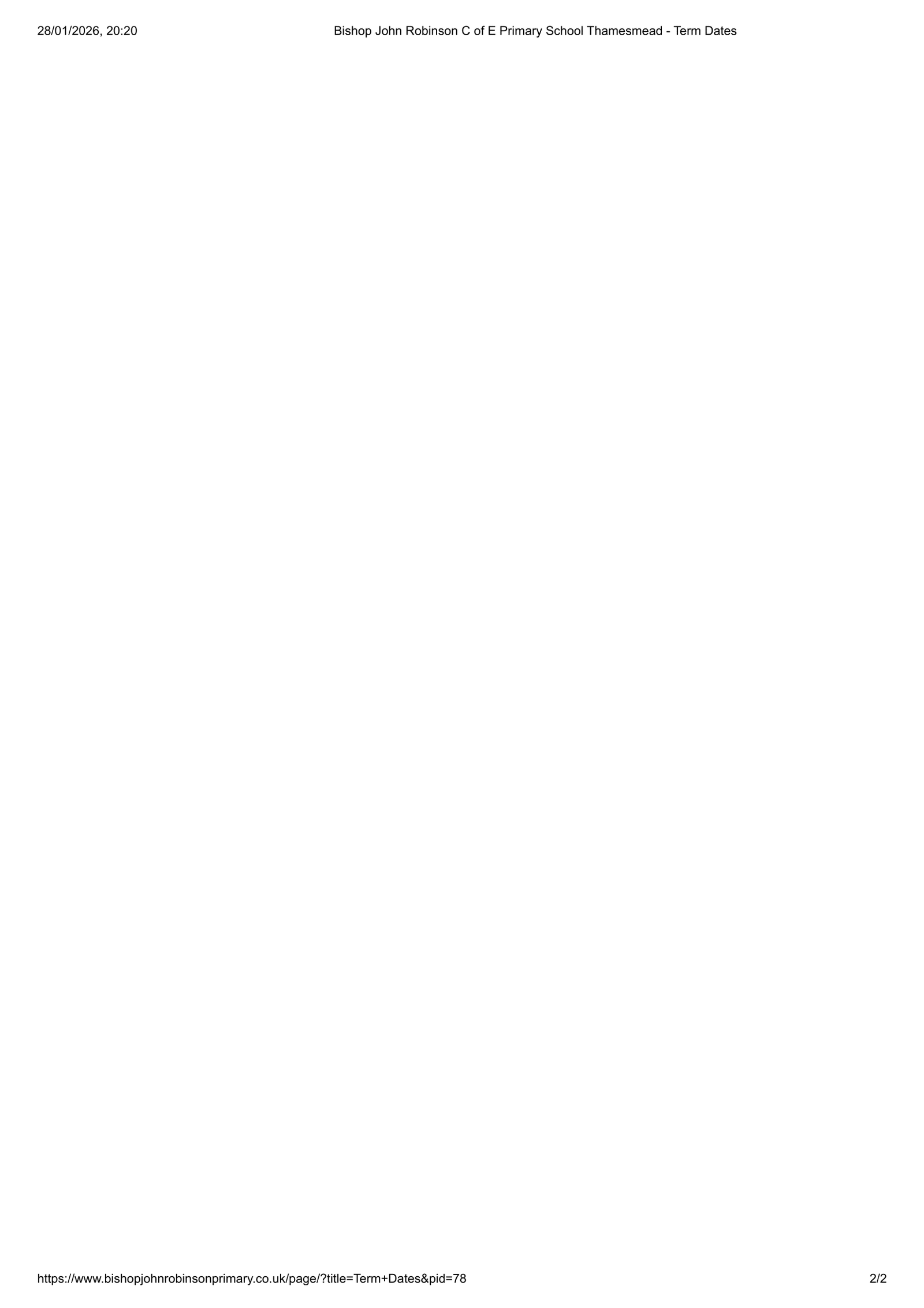 Bishop John Robinson Church of England Primary School 25-26 Term Dates Official Updates Term Dates