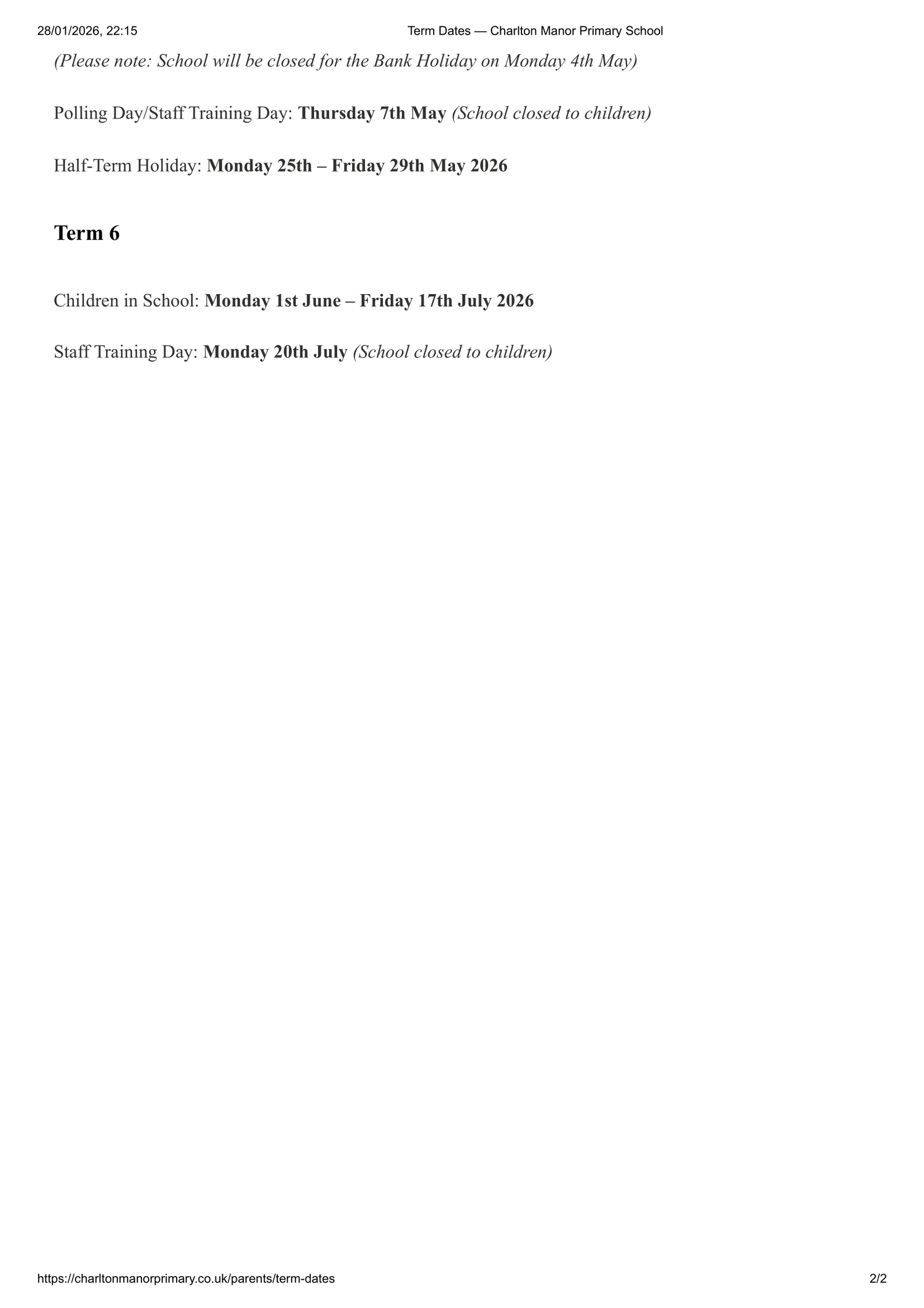 Charlton Manor Primary School Term Dates