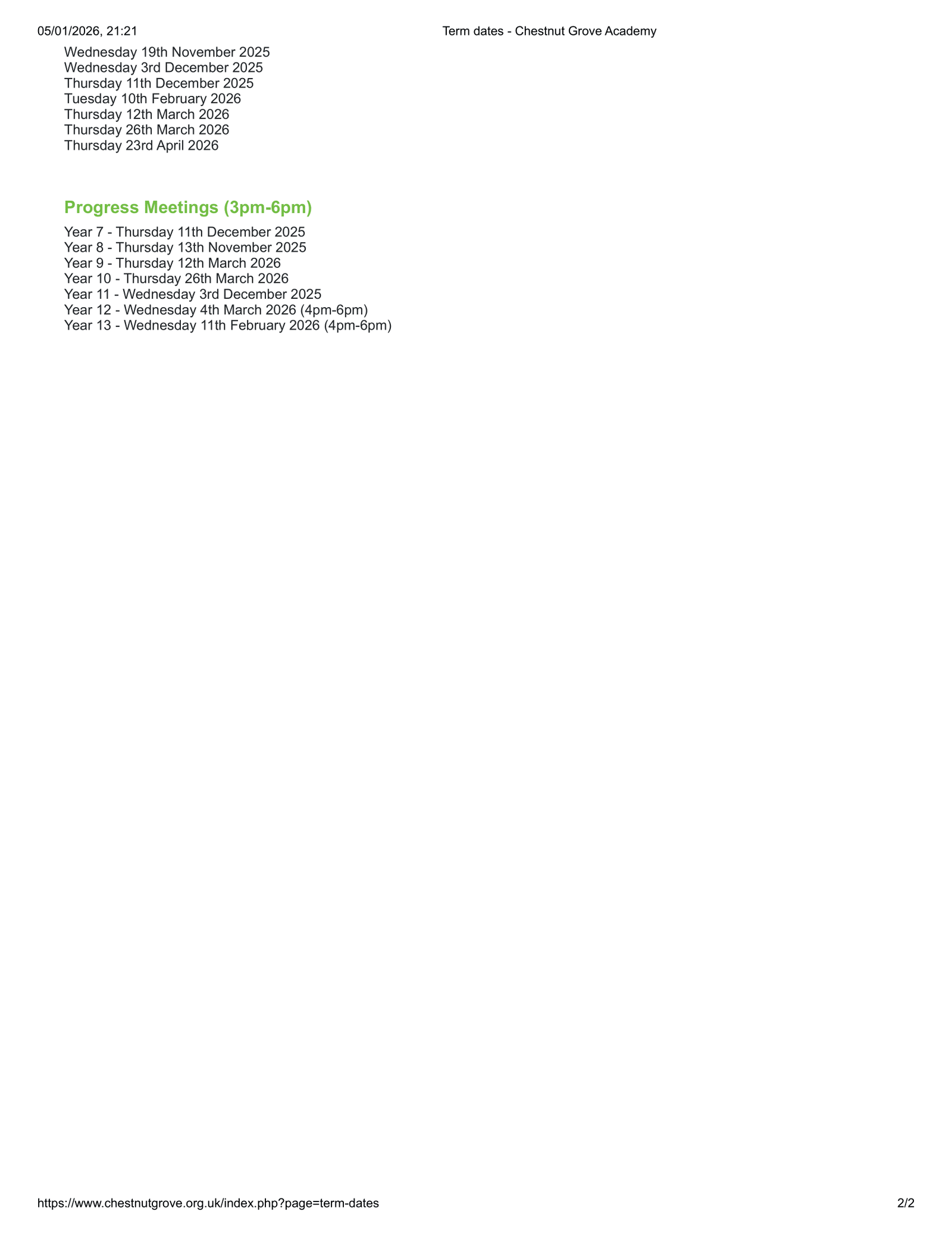 Chestnut Grove Academy term dates 25-26 Official Updates Term Dates