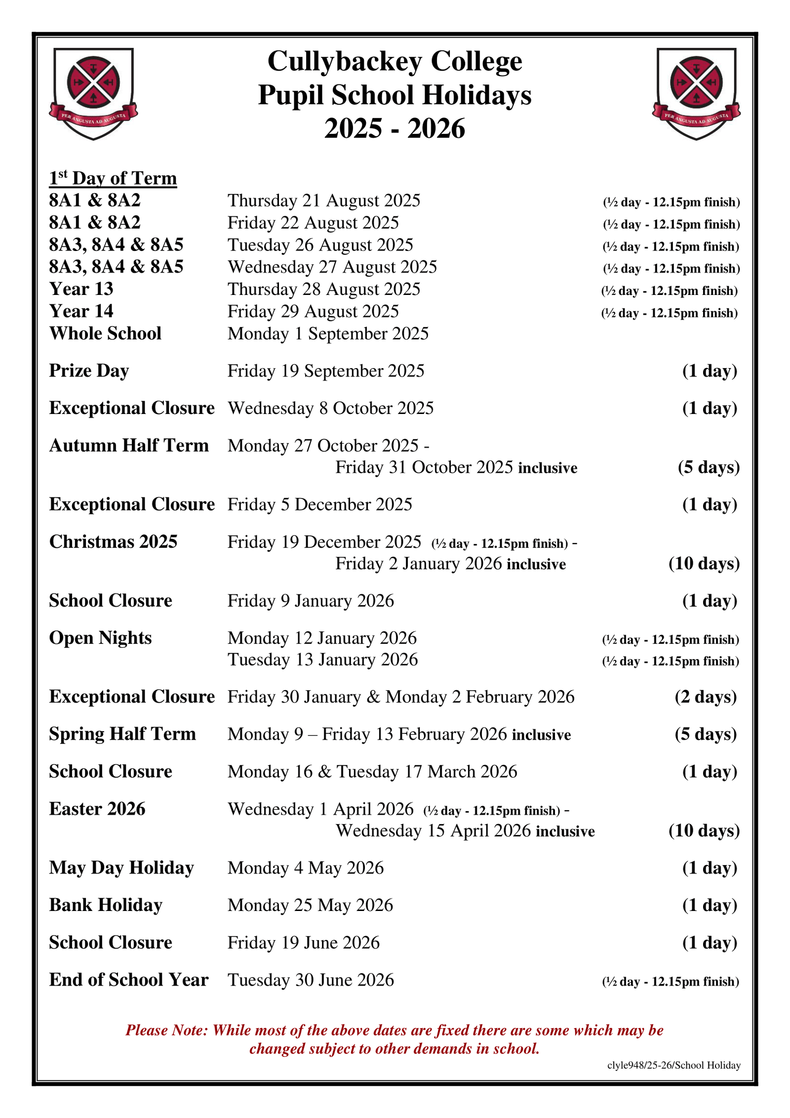 Cullybackey College term dates 25-26 Revised 
