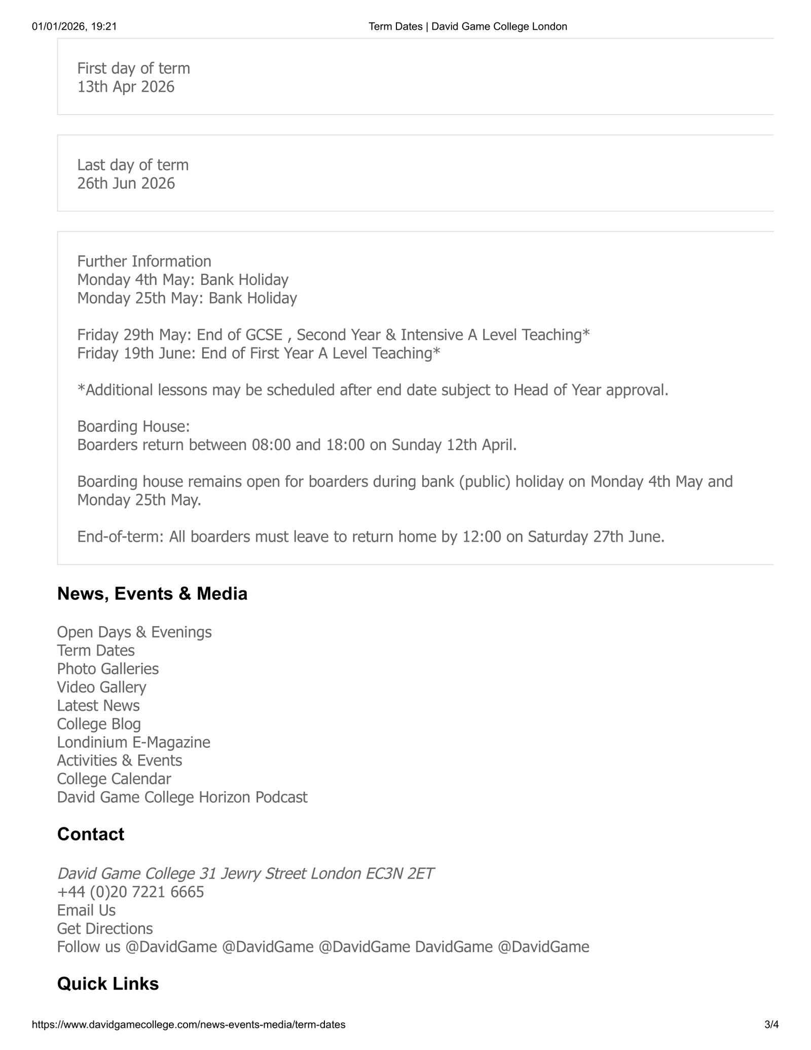 David Game College London Term Dates 25-26 Revised [PDF]
