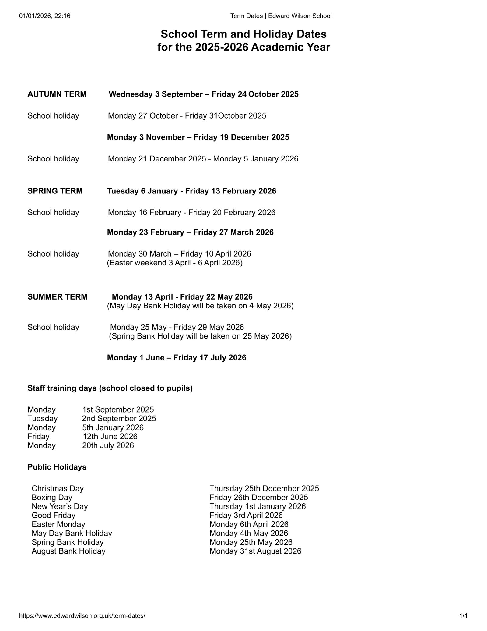 Edward Wilson School  Term Dates 25-26 Revised [PDF]
