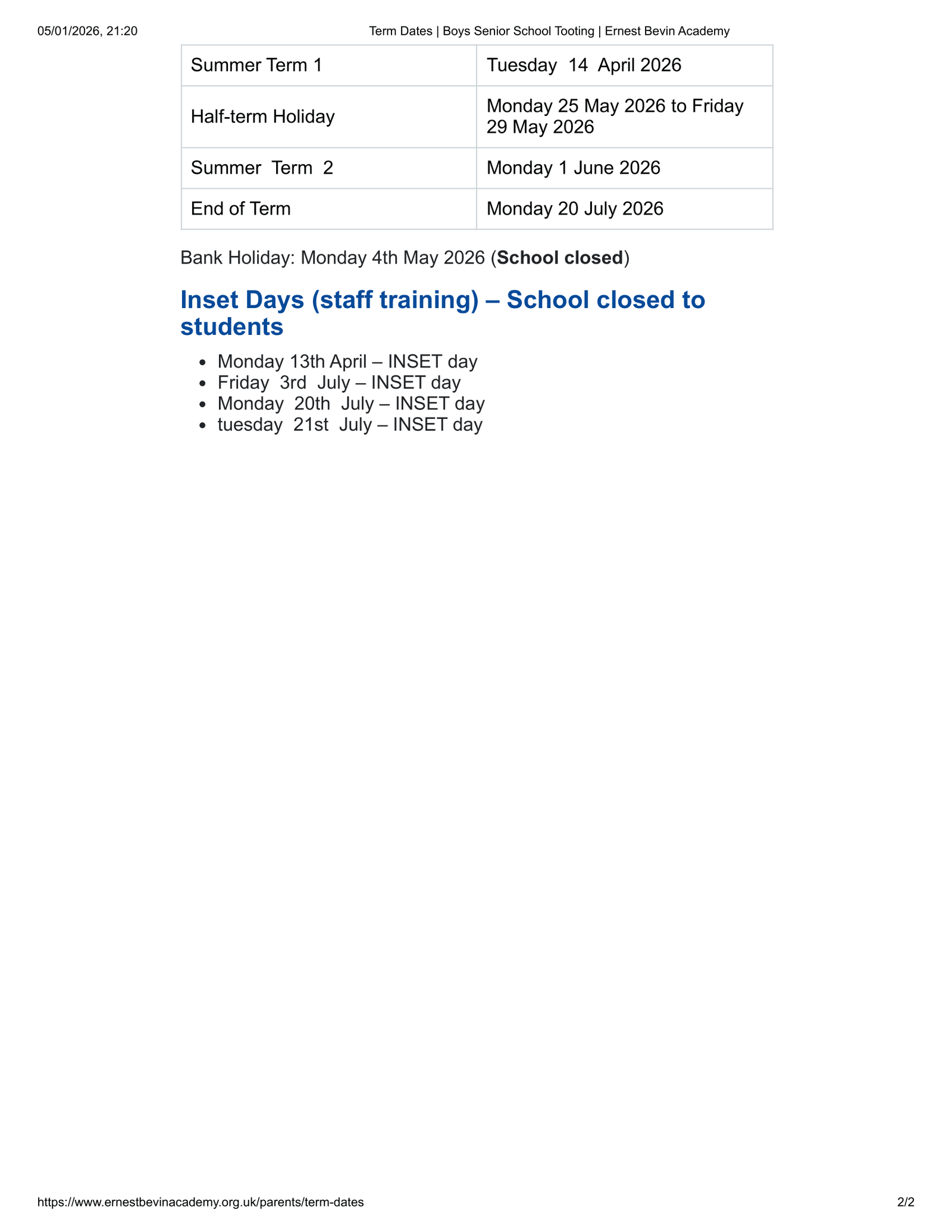 Ernest Bevin Academy term dates 25-26 Official Updates Term Dates