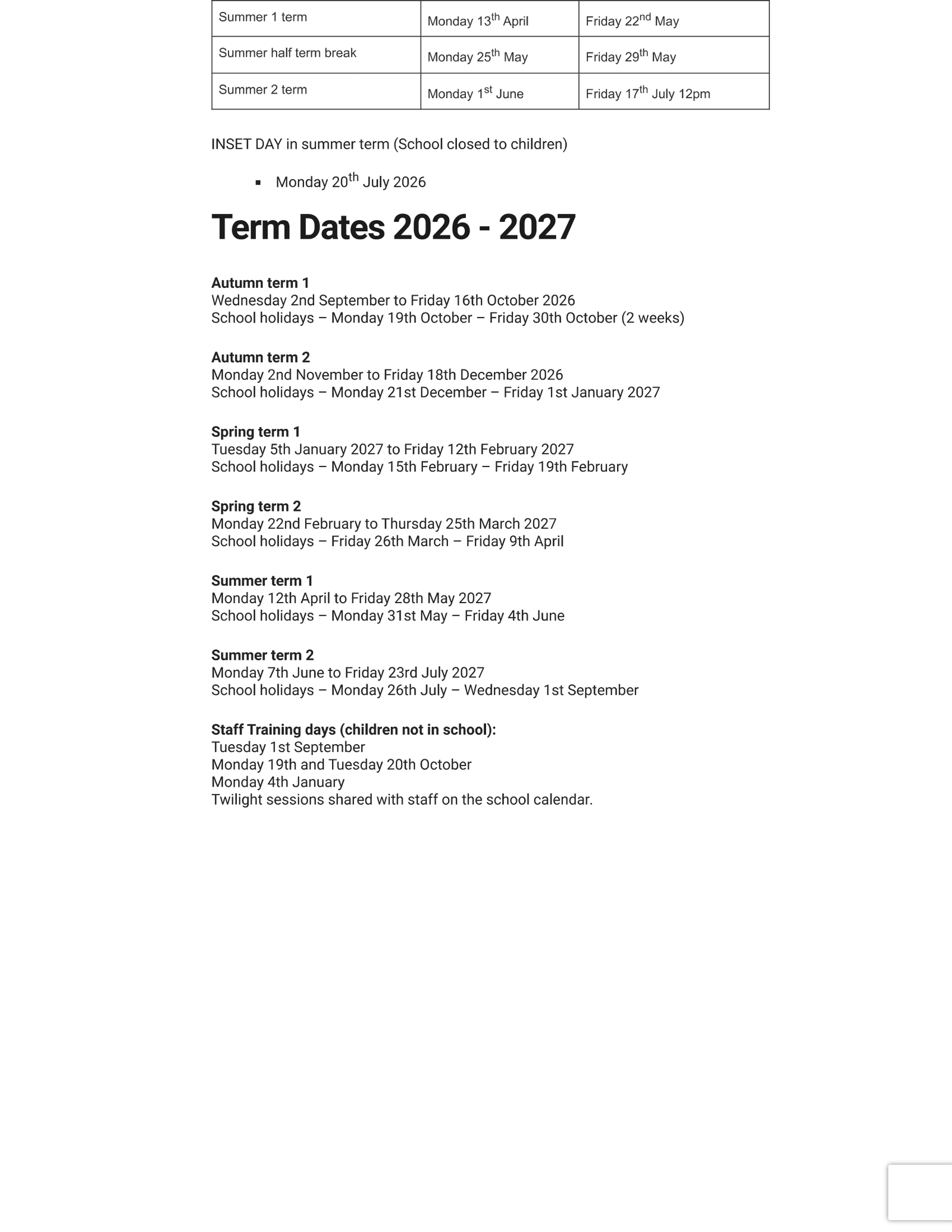 Fox Primary School term dates 25-26 Updated
