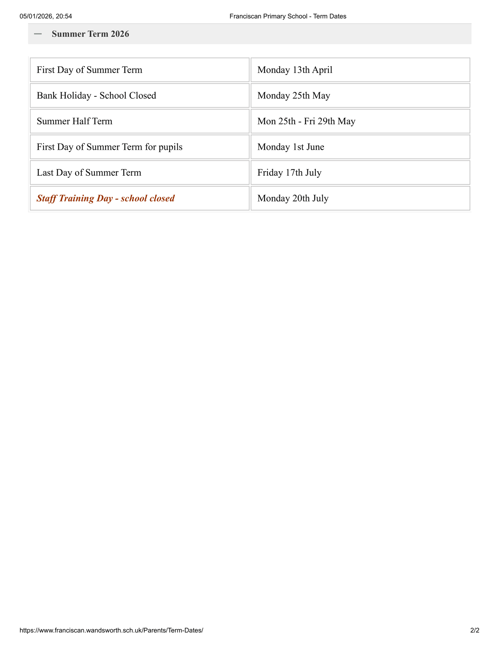 Franciscan Primary School term dates 25-26 Official Updates Term Dates
