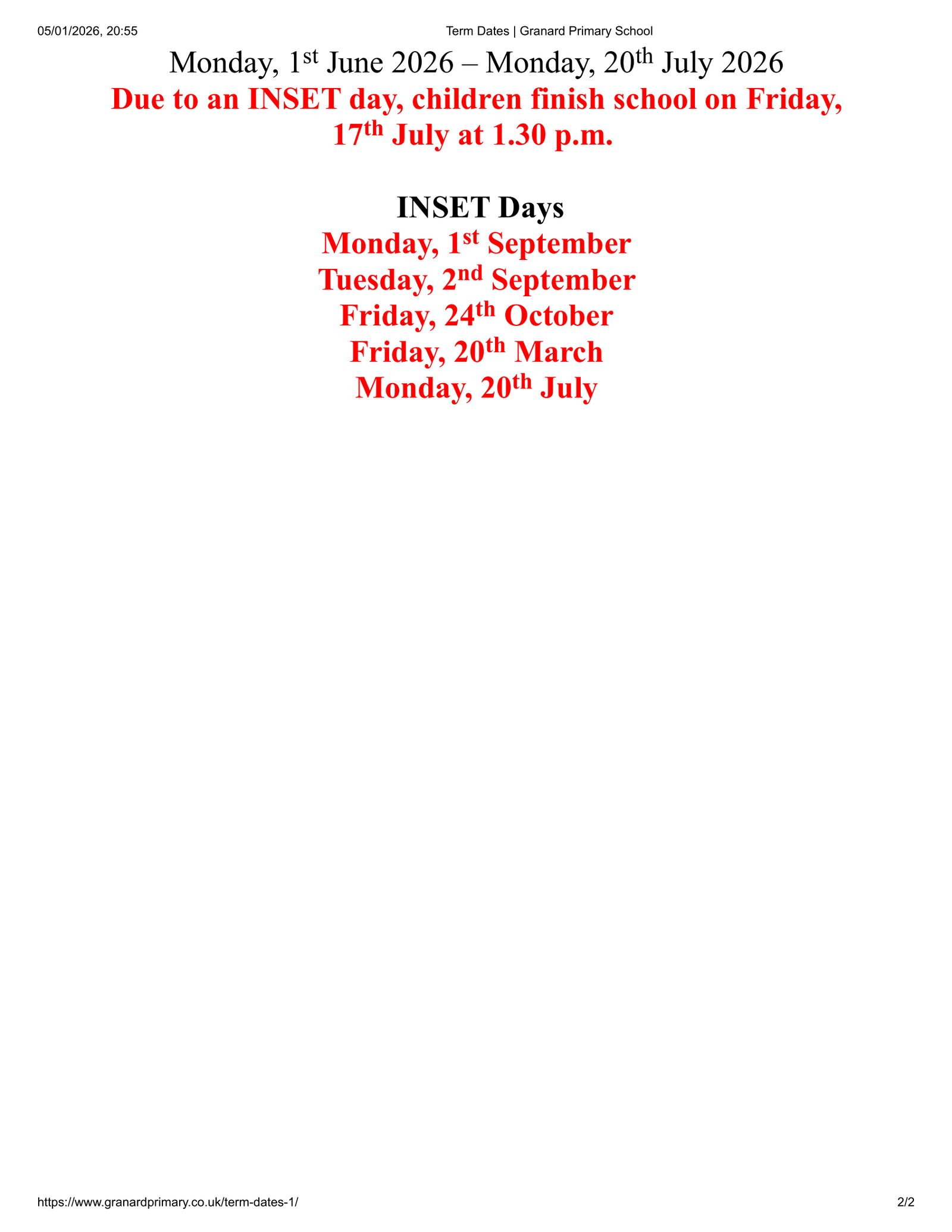 Granard Primary School term dates 25-26 Official Updates Term Dates