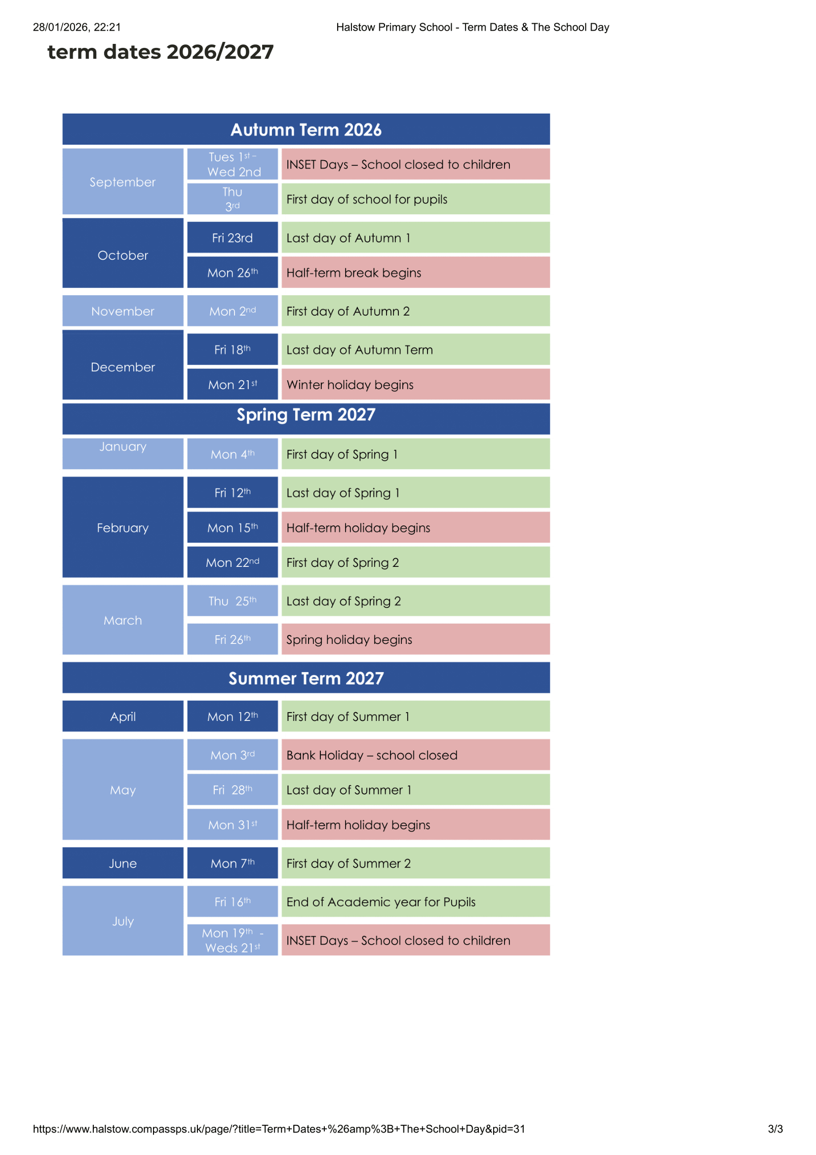 Halstow Primary School 25-26 Term Dates Revised Term Dates