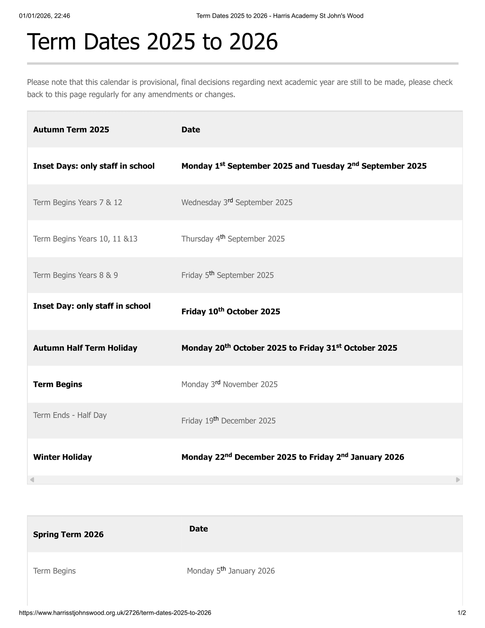Harris Academy St John's Wood Term Dates 25-26 Revised [PDF]