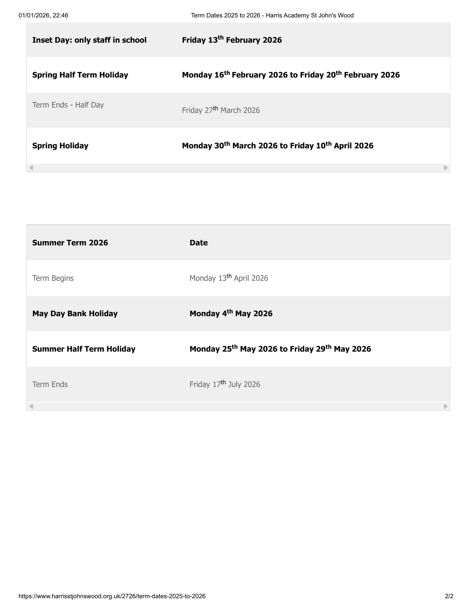 Harris Academy St John's Wood Term Dates 25-26 Revised [PDF]