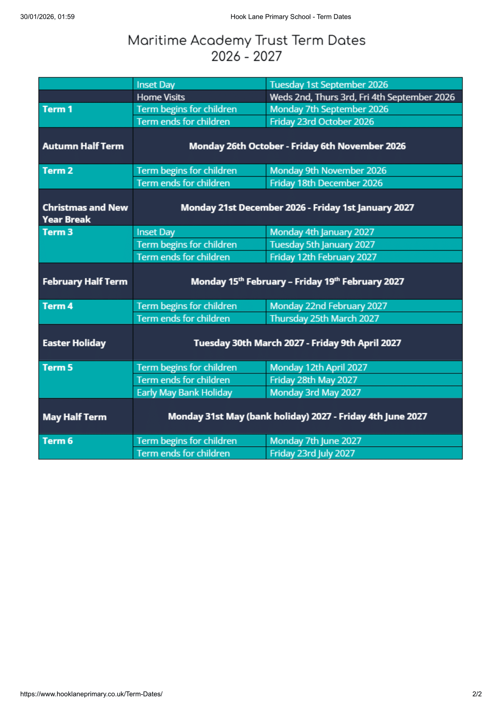 Hook Lane Primary School 25-26 Term Dates Revised PDF Term Dates