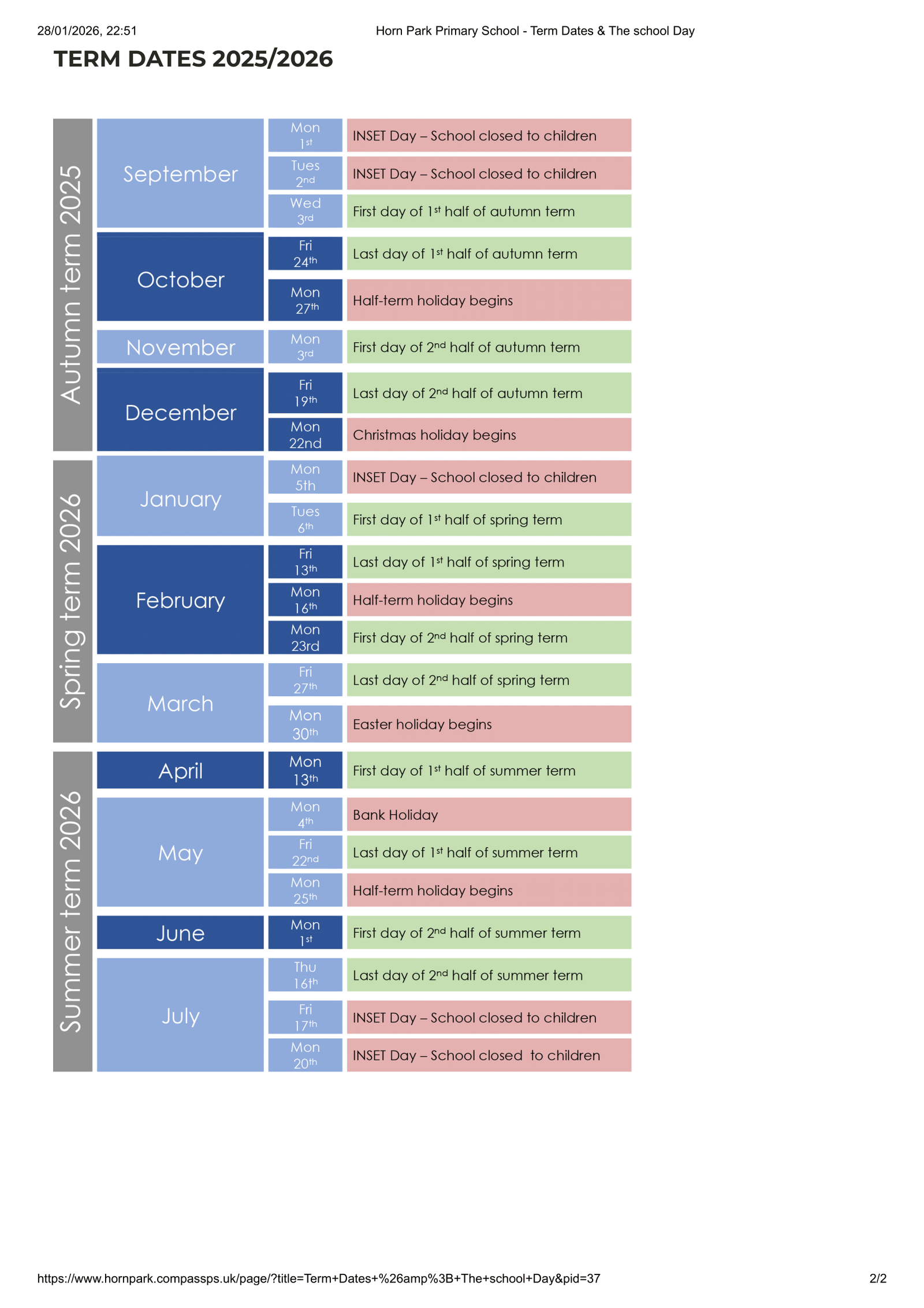 Horn Park Primary School 25-26 Term Dates Revised Term Dates