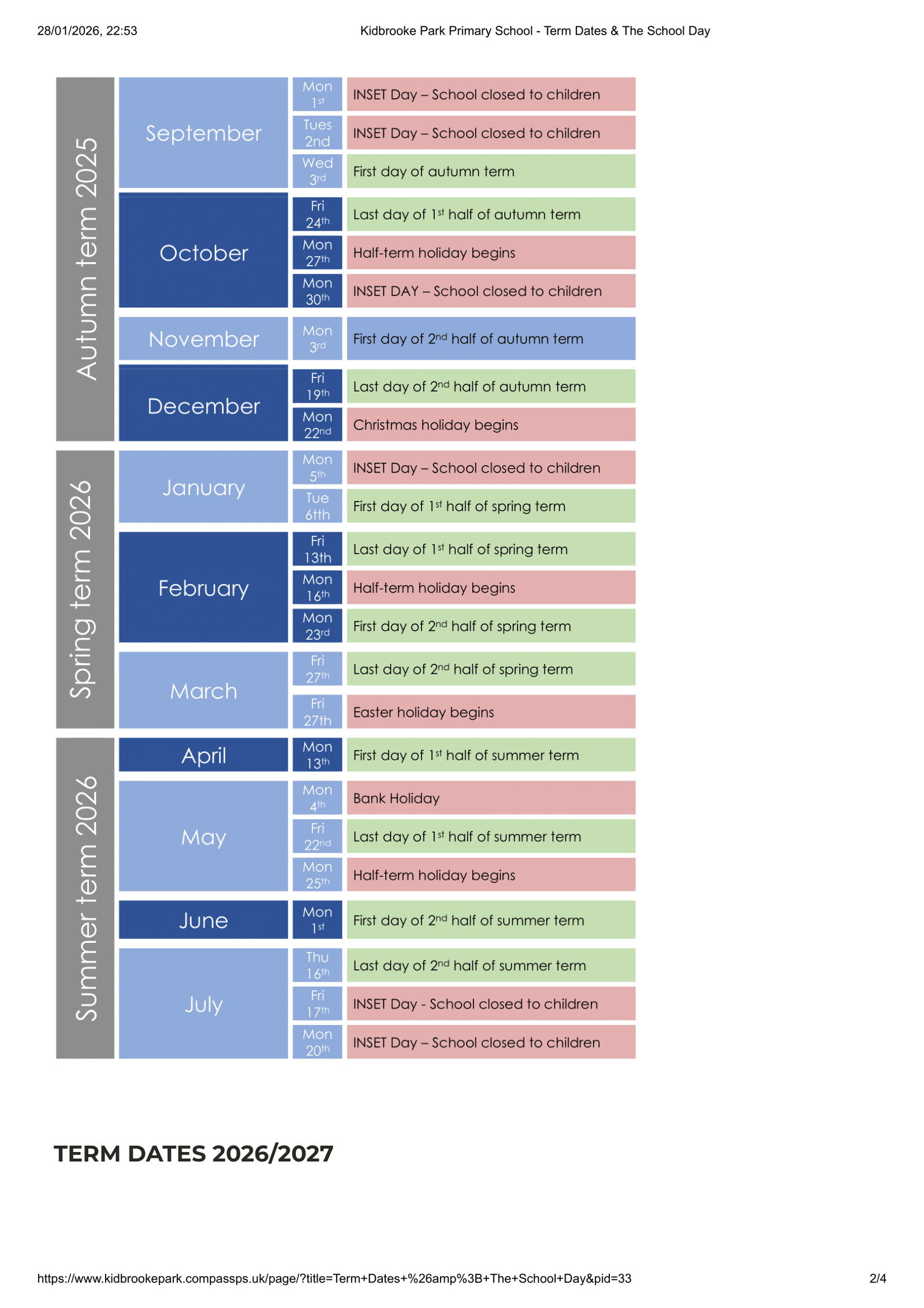 Kidbrooke Park Primary School 25-26 Term Dates Revised Term Dates
