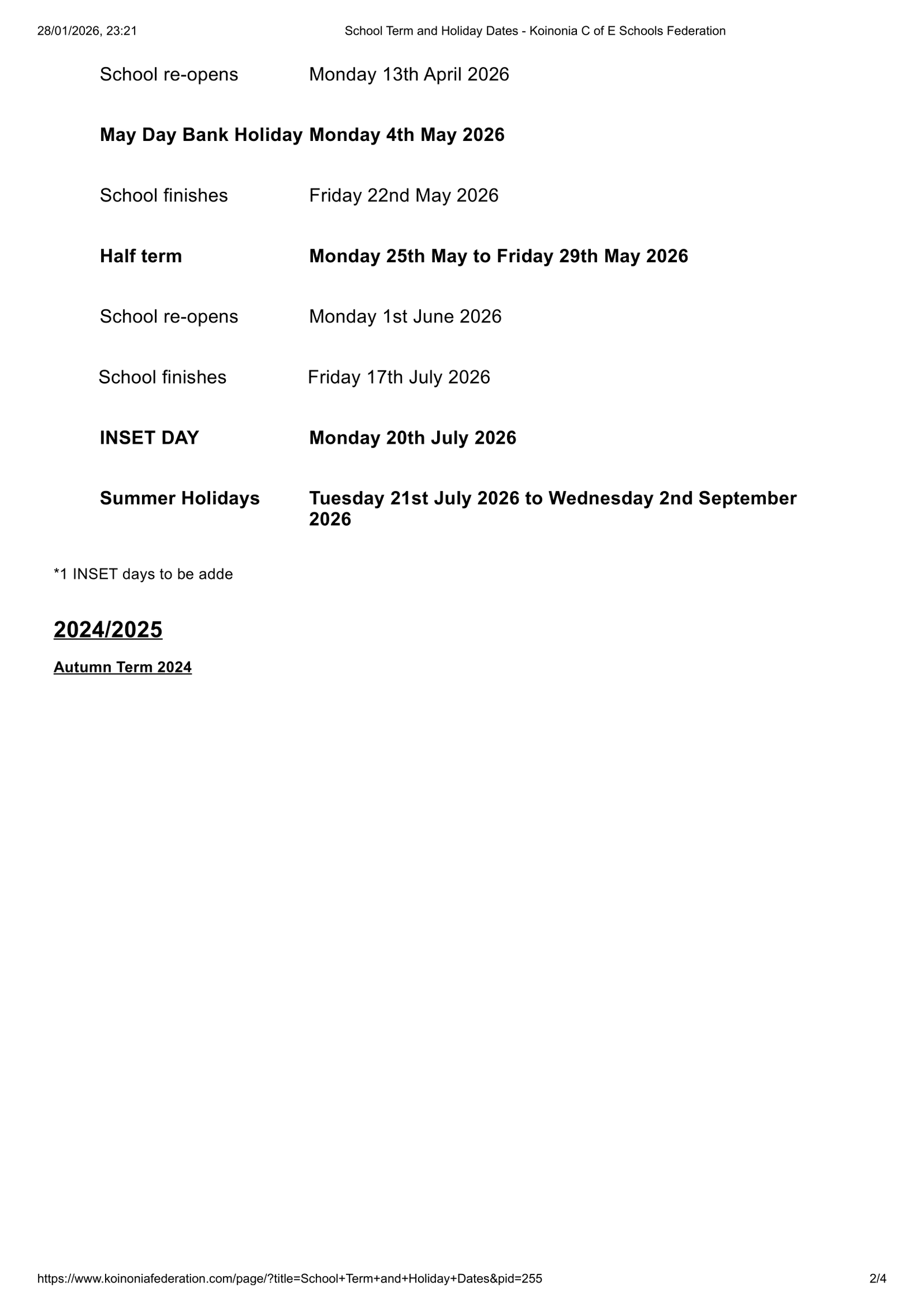 Koinonia C of E Schools Federation 25-26 Term Dates Revised Term Dates