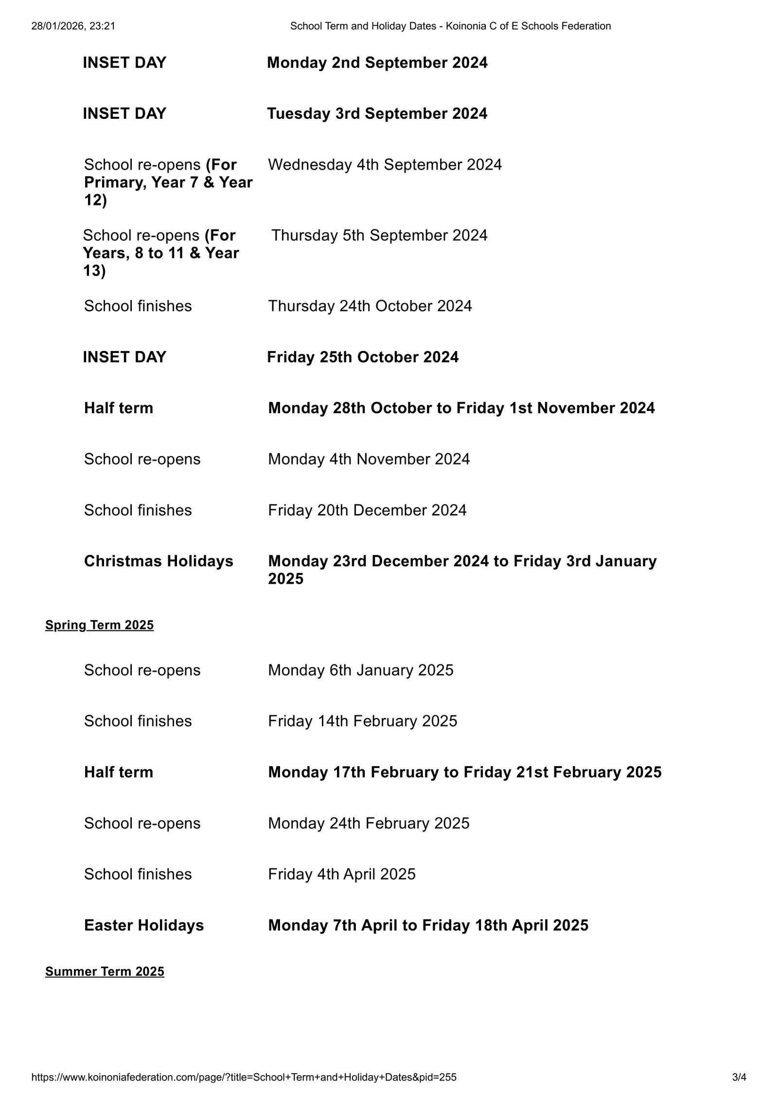 Koinonia C of E Schools Federation 25-26 Term Dates Revised Term Dates