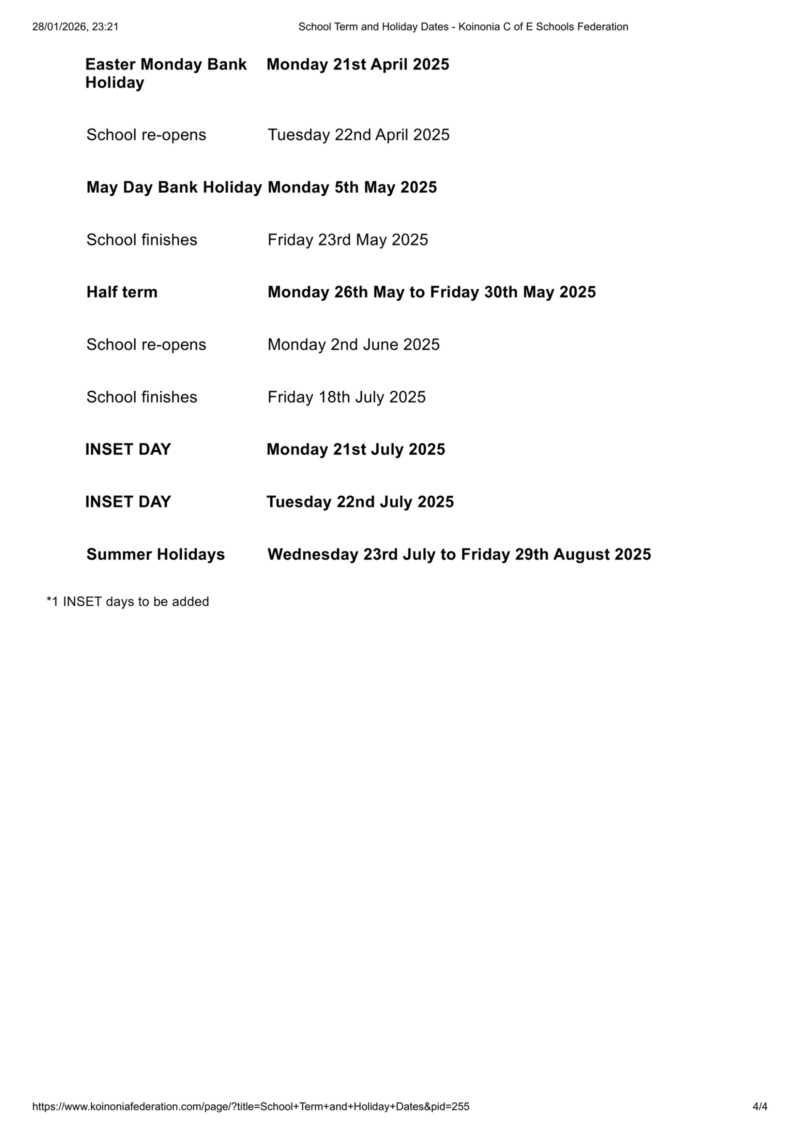 Koinonia C of E Schools Federation 25-26 Term Dates Revised Term Dates