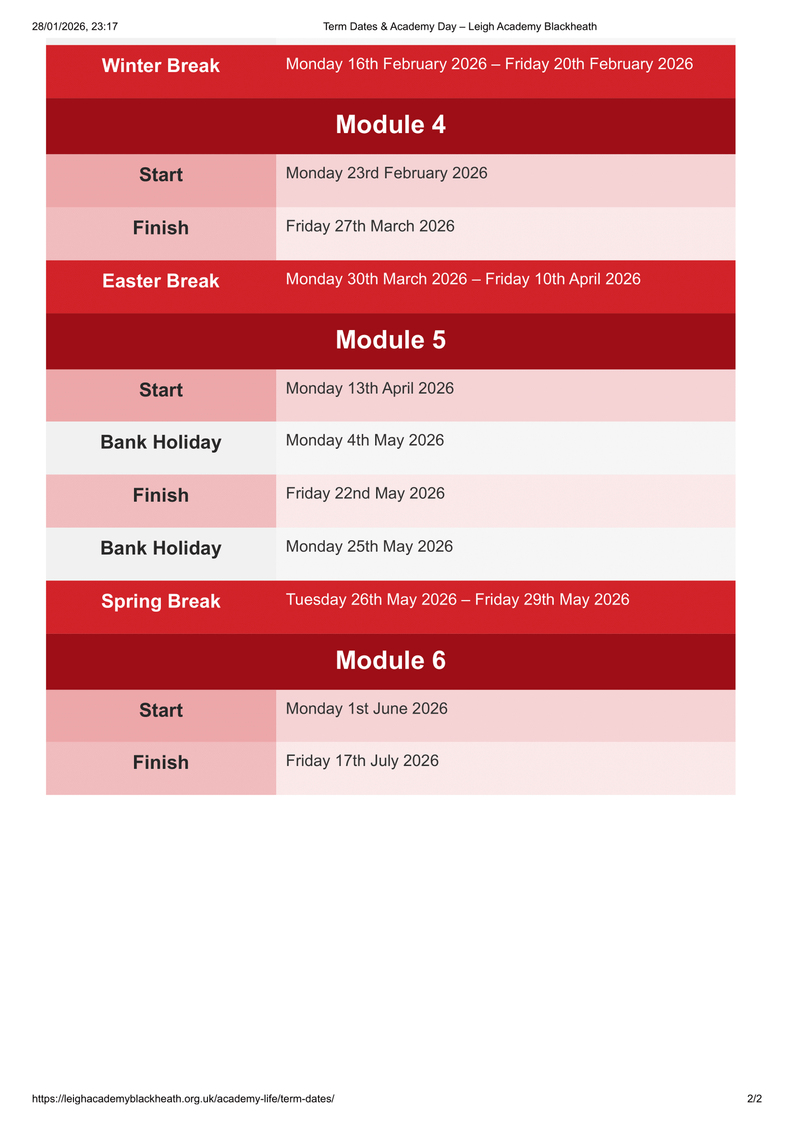 Leigh Academy Blackheath 25-26 Term Dates Revised Term Dates
