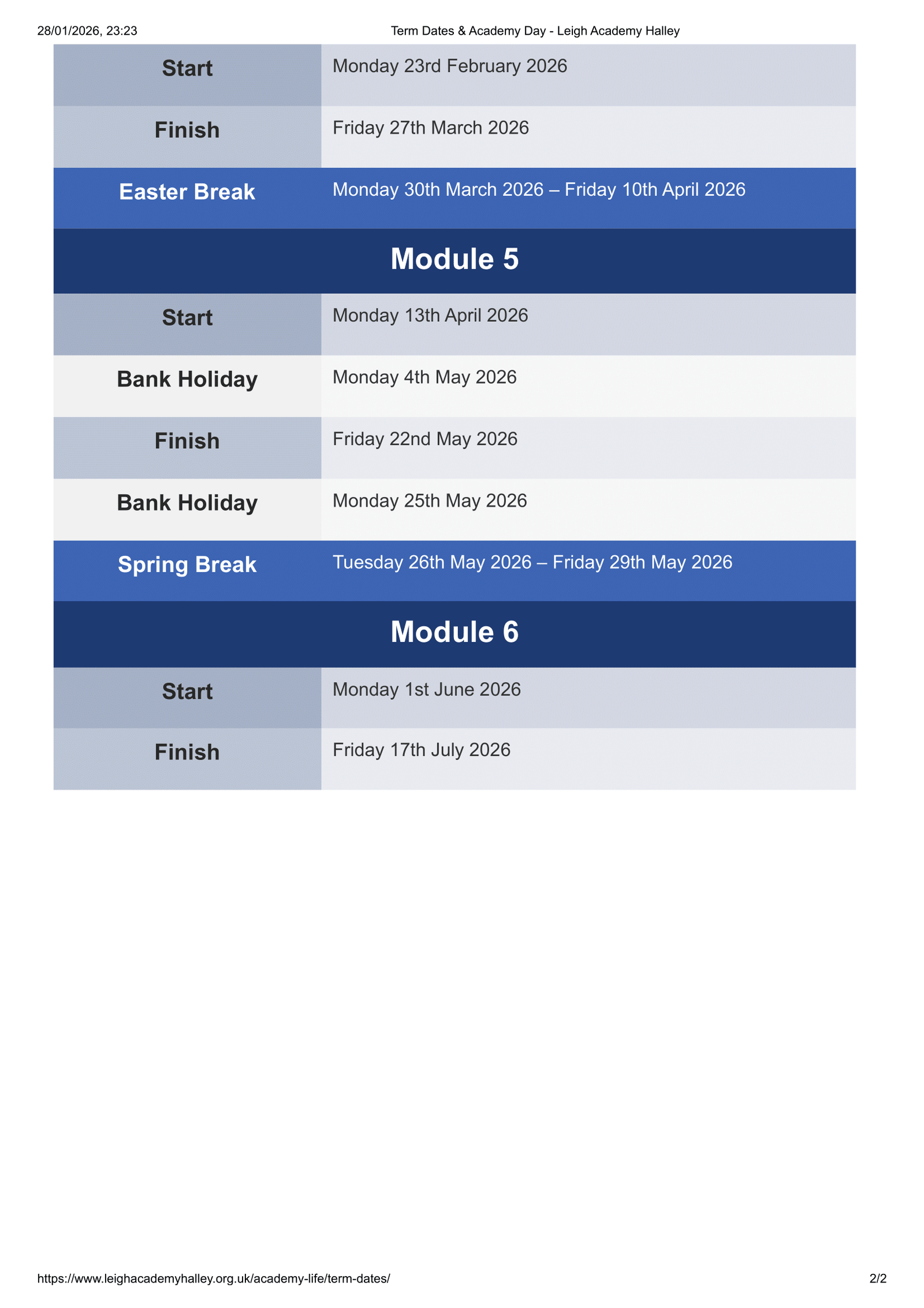 Leigh Academy Halley 25-26 Term Dates Revised Term Dates