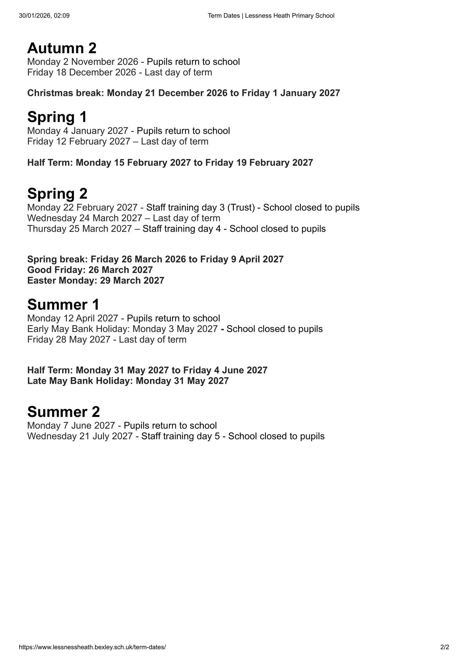 Lessness Heath Primary School  25-26 Term Dates Revised Term Dates