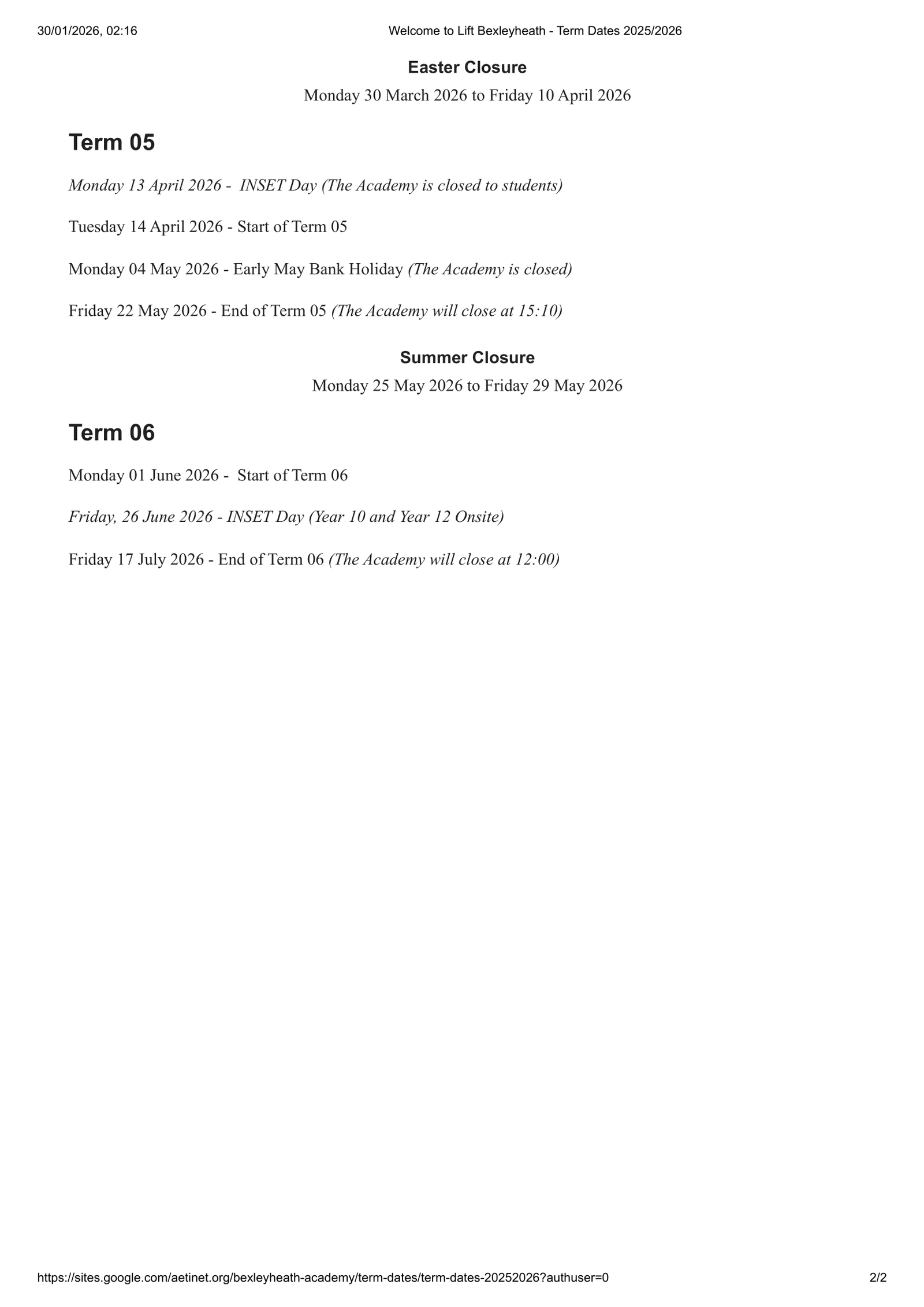Lift Bexleyheath  25-26 Term Dates Revised Term Dates