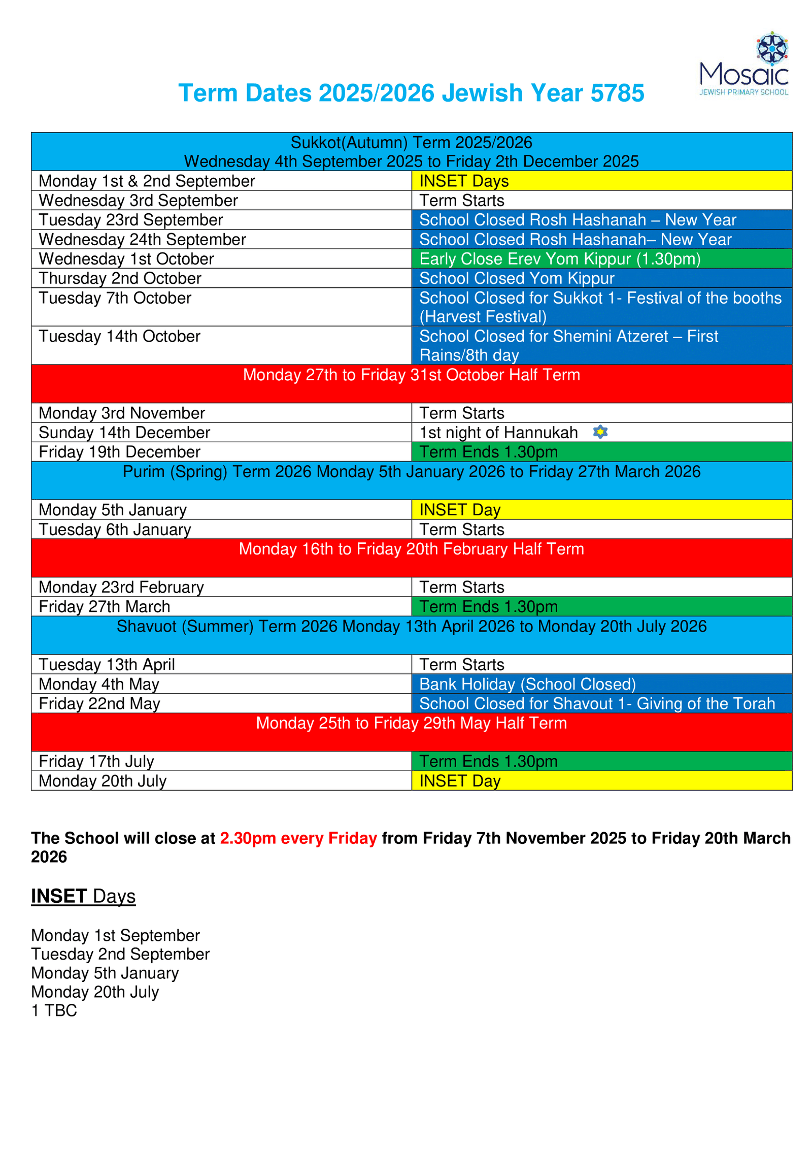 Mosaic Jewish Primary School term dates 25-26 Official Updates Term Dates