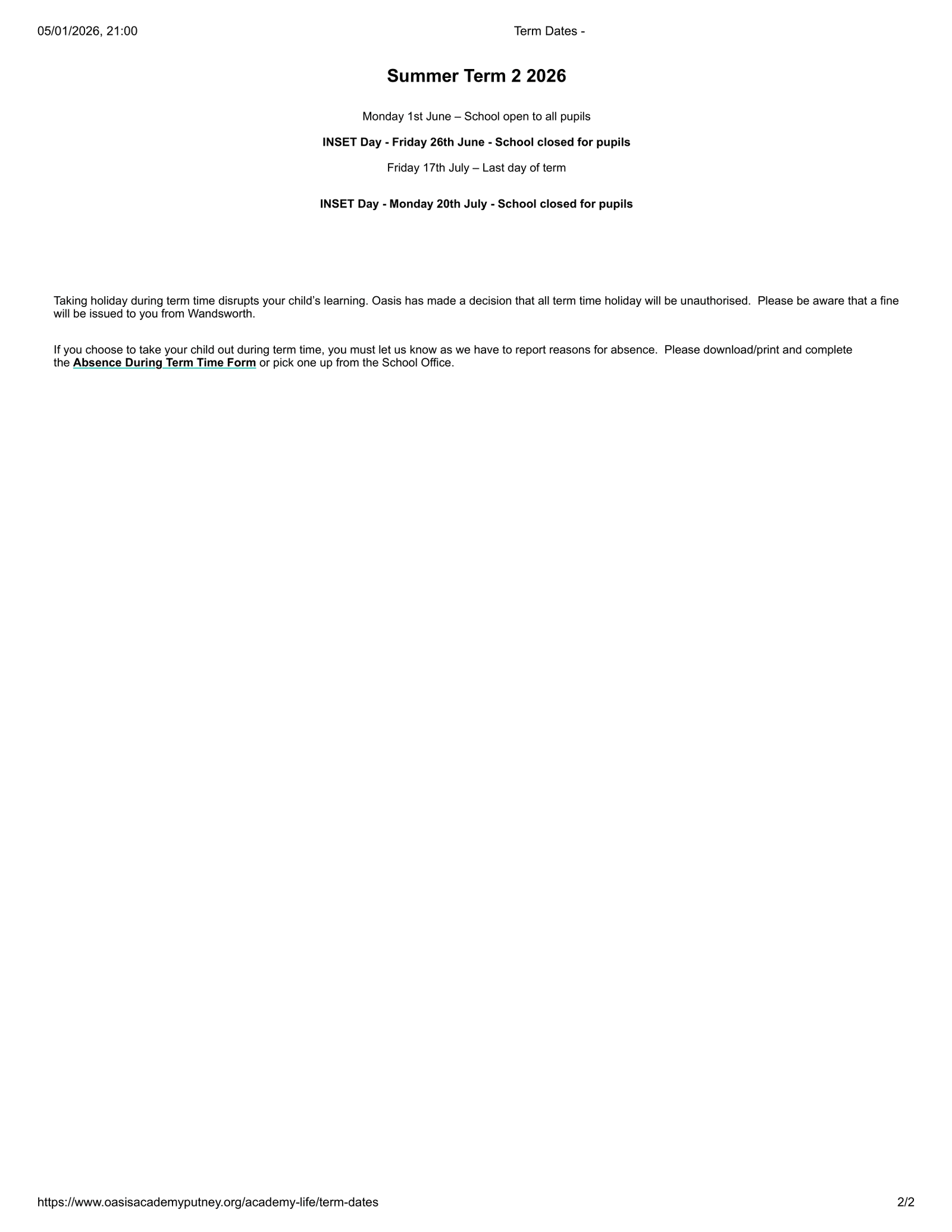 Oasis Academy Putney School term dates 25-26 Official Updates Term Dates