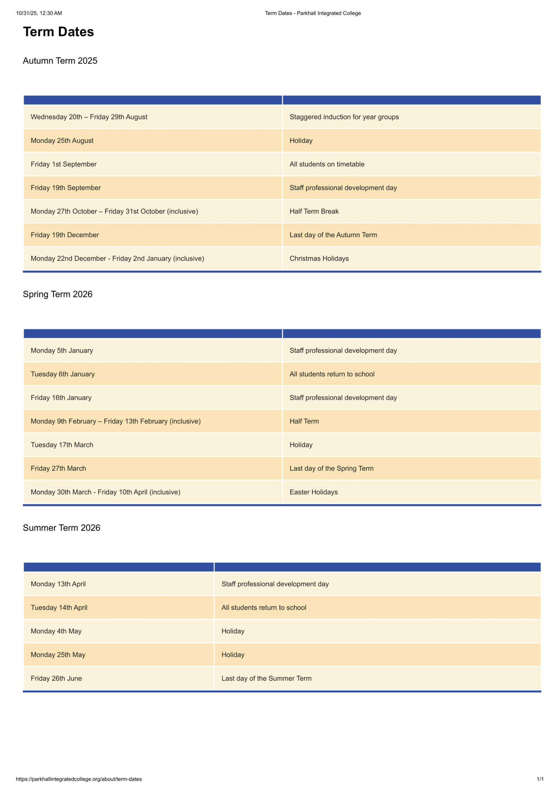 Parkhall Integrated College term dates 25-26 Revised 