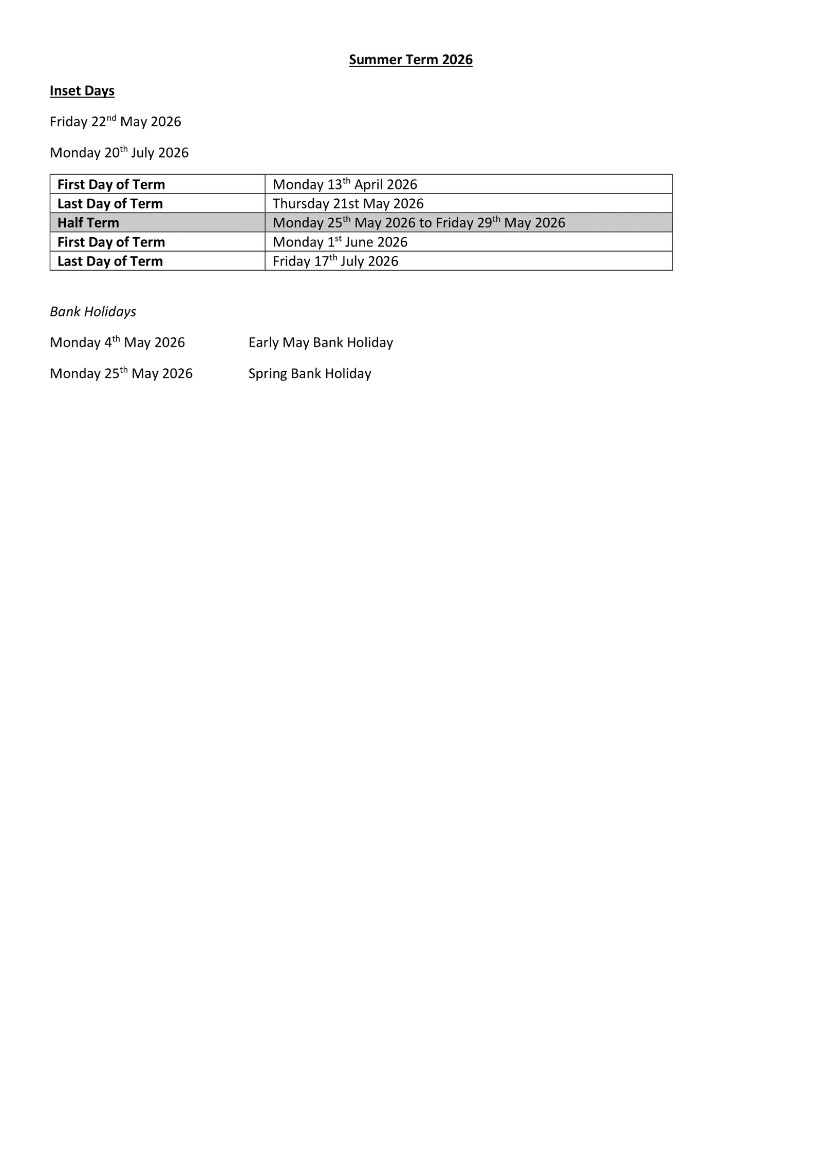 Parkway Primary School 25-26 Term Dates Revised Term Dates