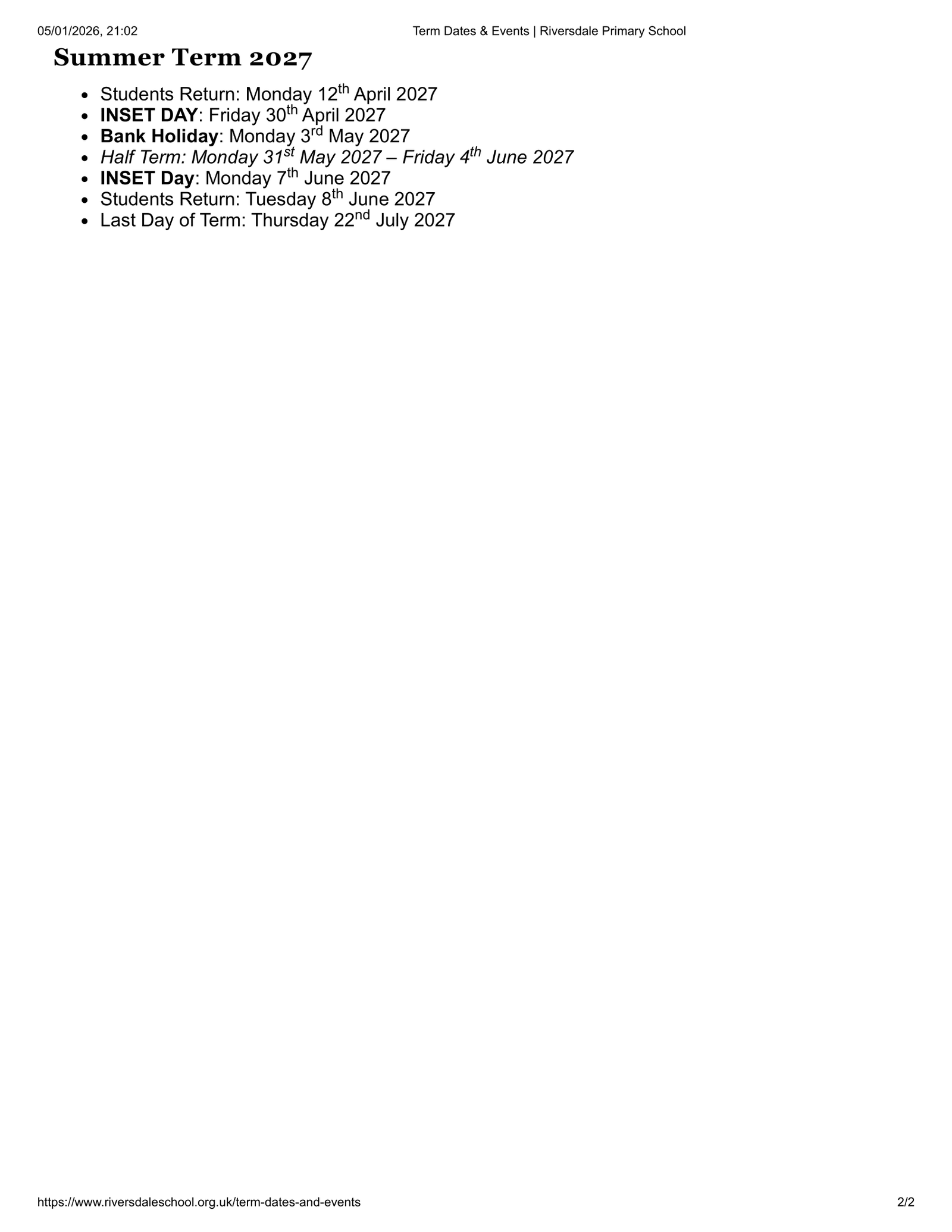 Riversdale Primary School term dates 25-26 Official Updates Term Dates