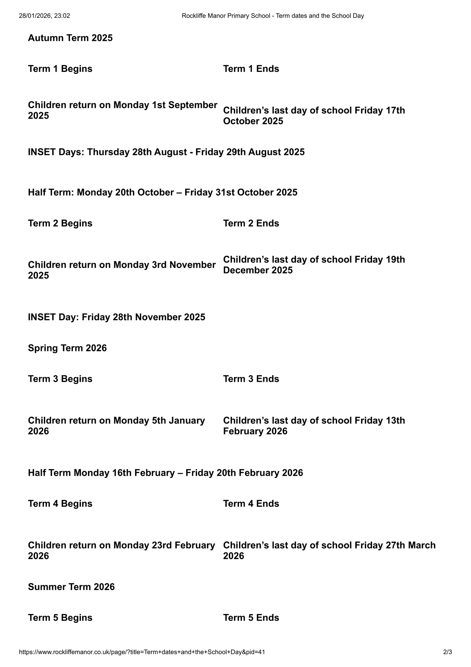 Rockliffe Manor Primary School 25-26 Term Dates Revised Term Dates