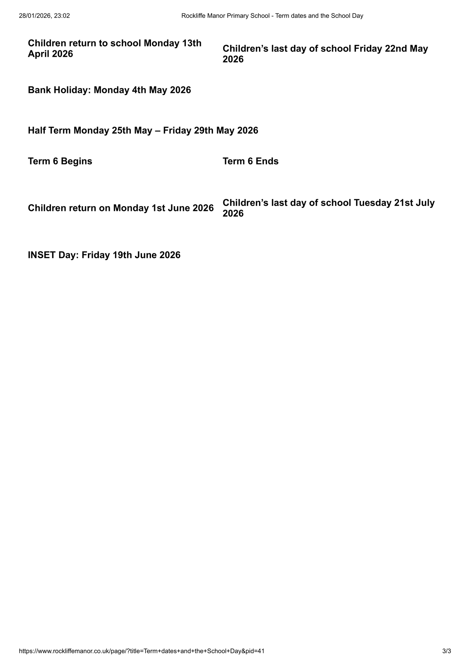 Rockliffe Manor Primary School 25-26 Term Dates Revised Term Dates