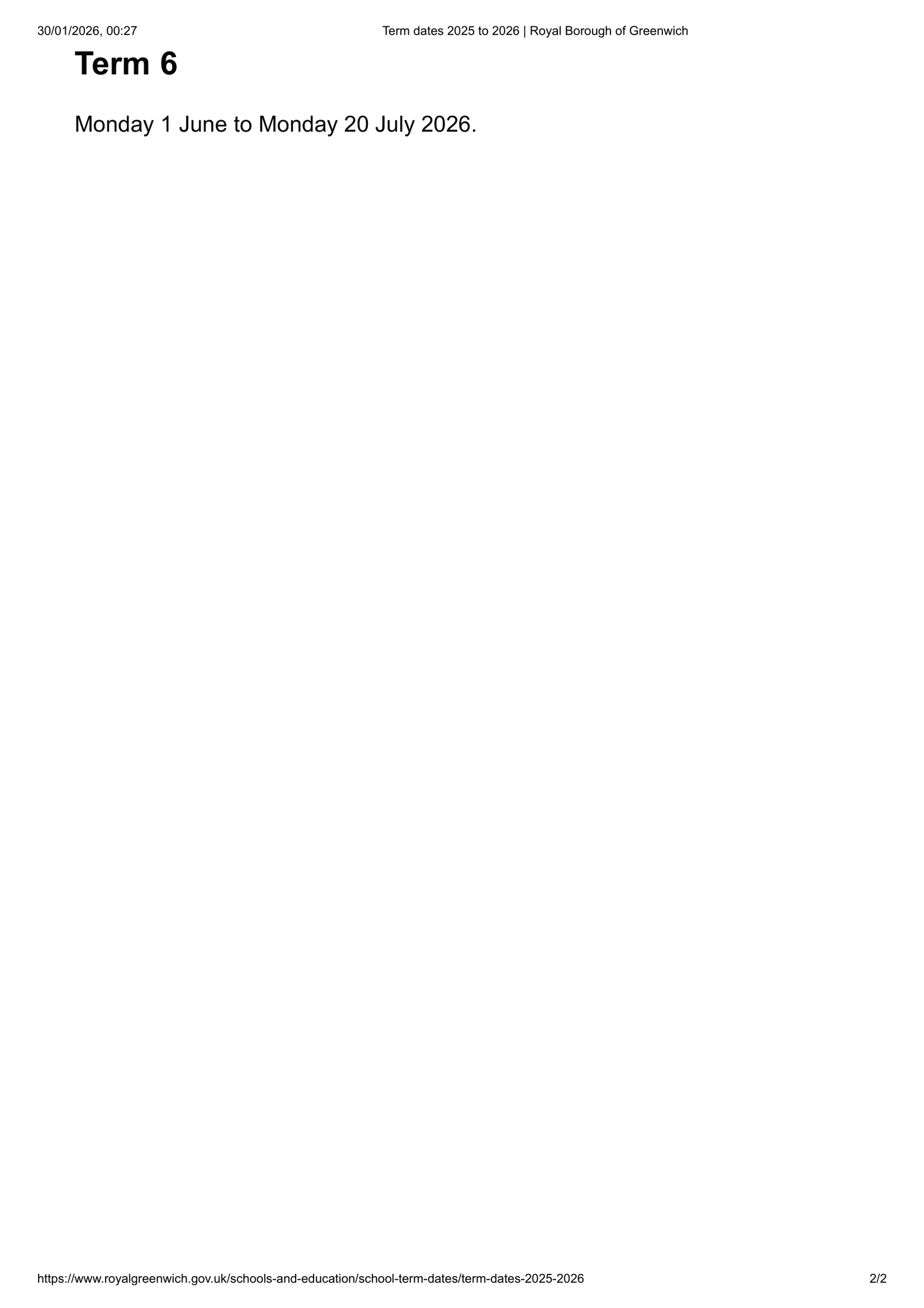 Royal Borough of Greenwich Official Term Dates 25-26 Term Dates