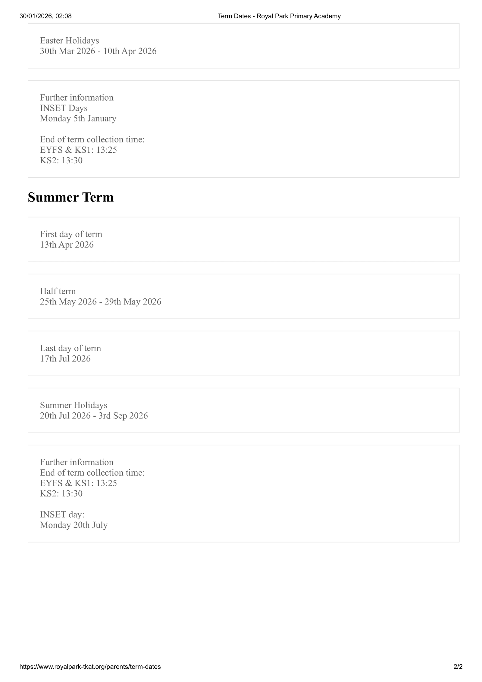 Royal Park Primary Academy 25-26 Term Dates Revised Term Dates