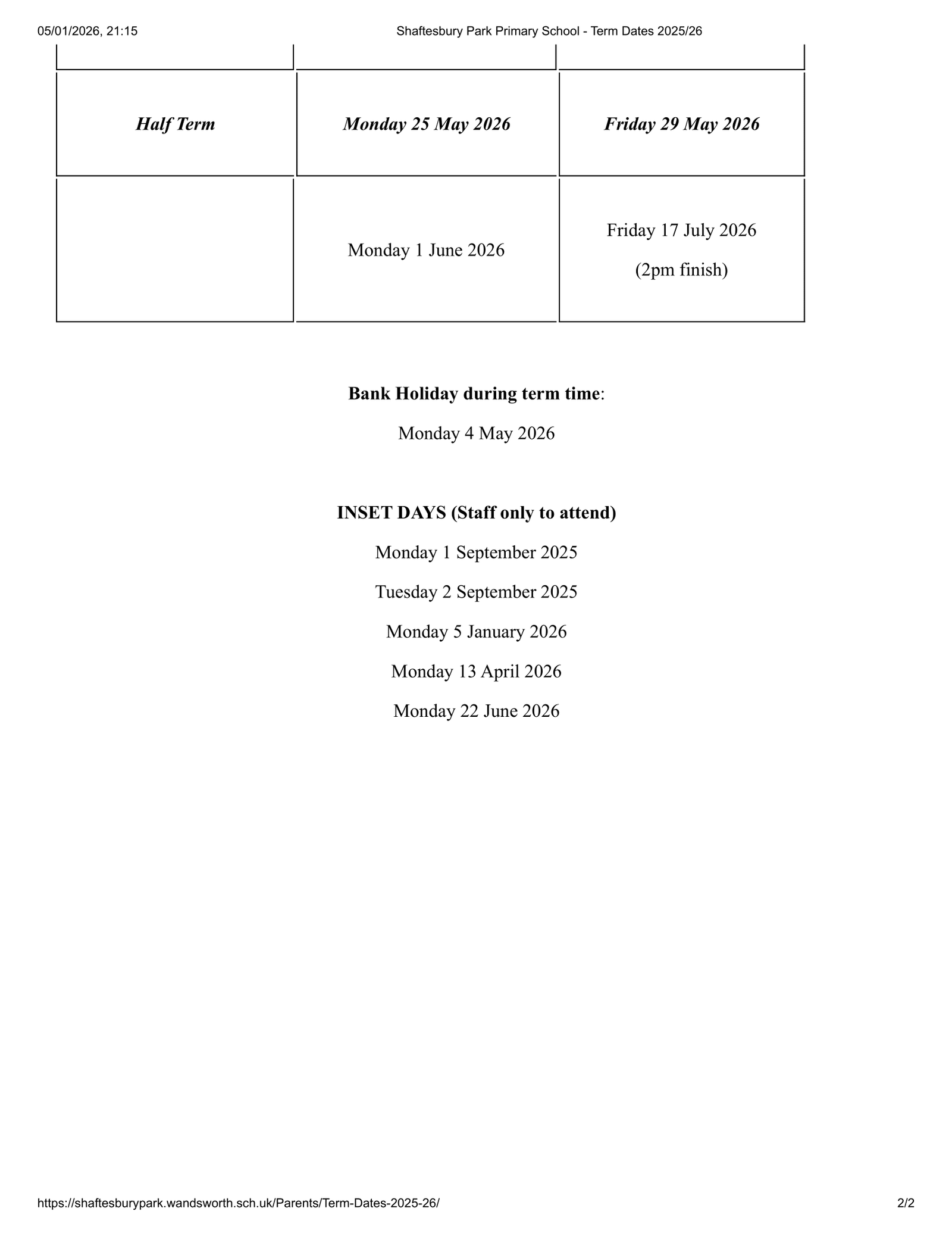 Shaftesbury Park Primary School term dates 25-26 Official Updates Term Dates
