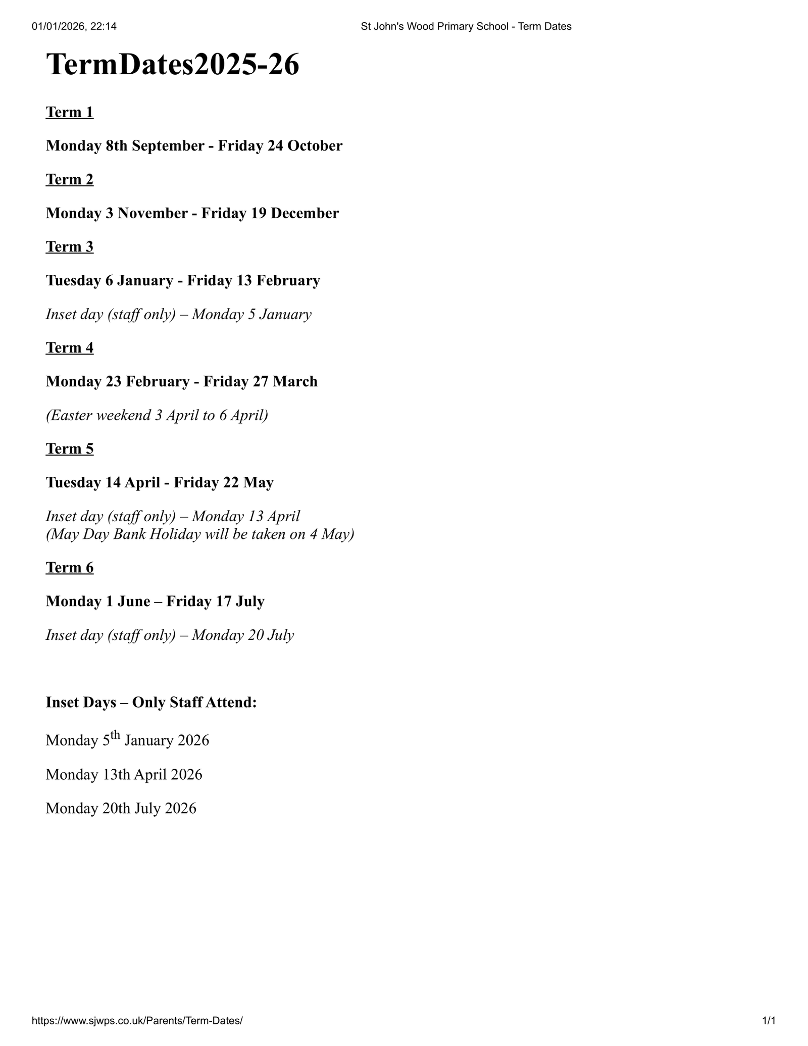 St John's Wood Primary School Term Dates 25-26 Revised [PDF]