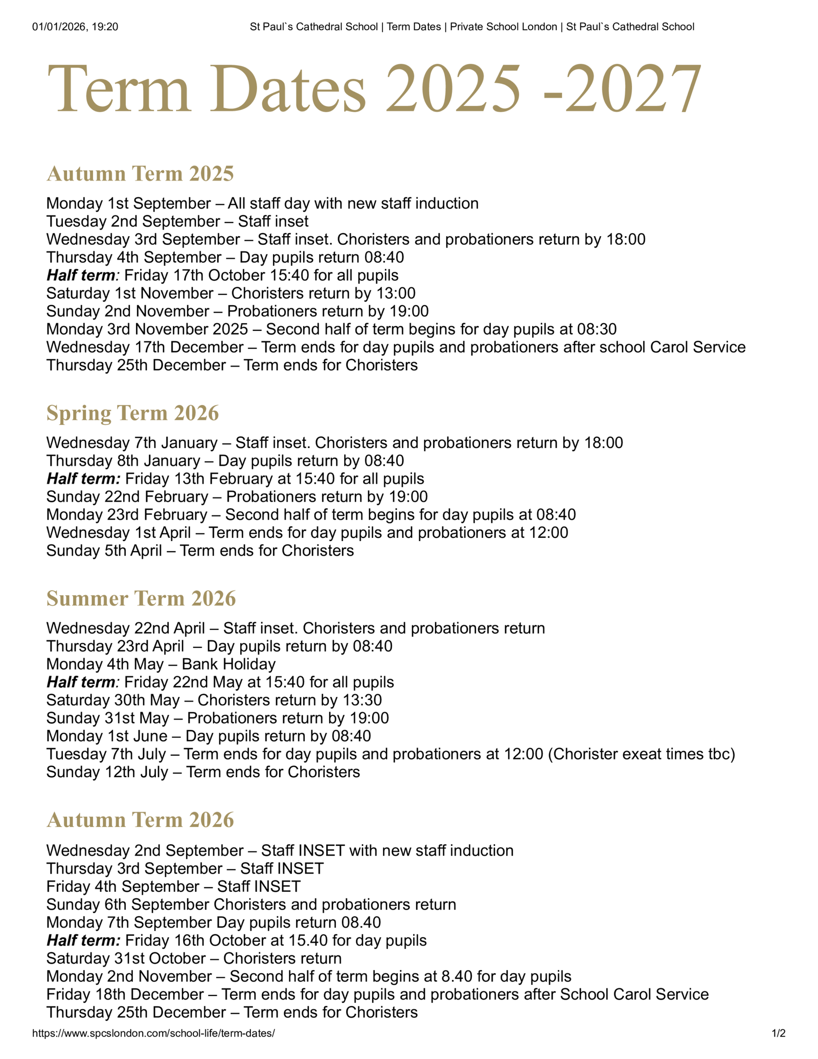 St Paul's Cathedral School Term Dates 25-26 Revised [PDF]