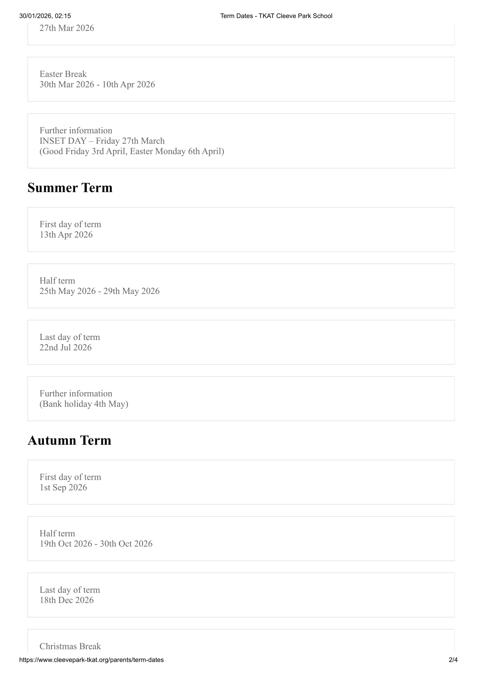 TKAT Cleeve Park School 25-26 Term Dates Revised Term Dates