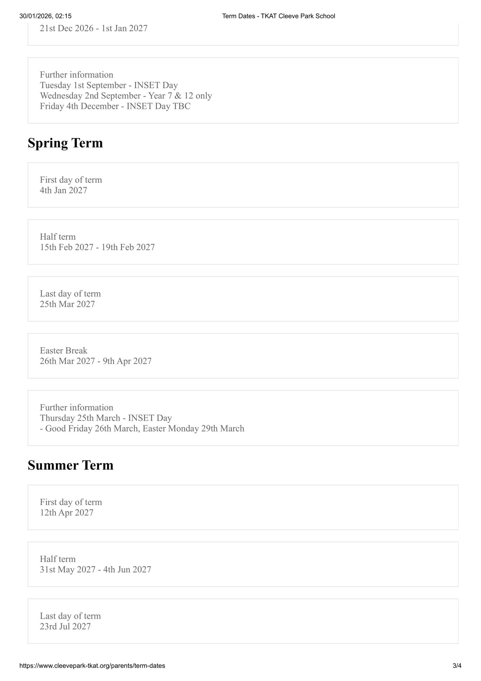 TKAT Cleeve Park School 25-26 Term Dates Revised Term Dates