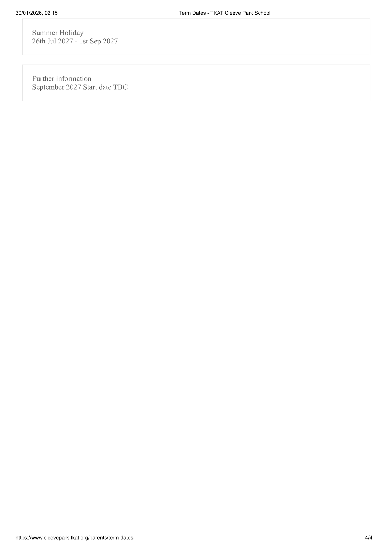 TKAT Cleeve Park School 25-26 Term Dates Revised Term Dates