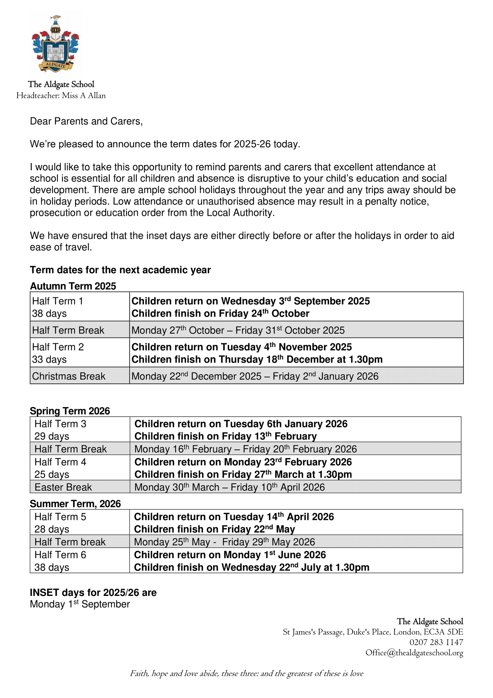 The Aldgate School Term Dates 25-26 Revised [PDF]