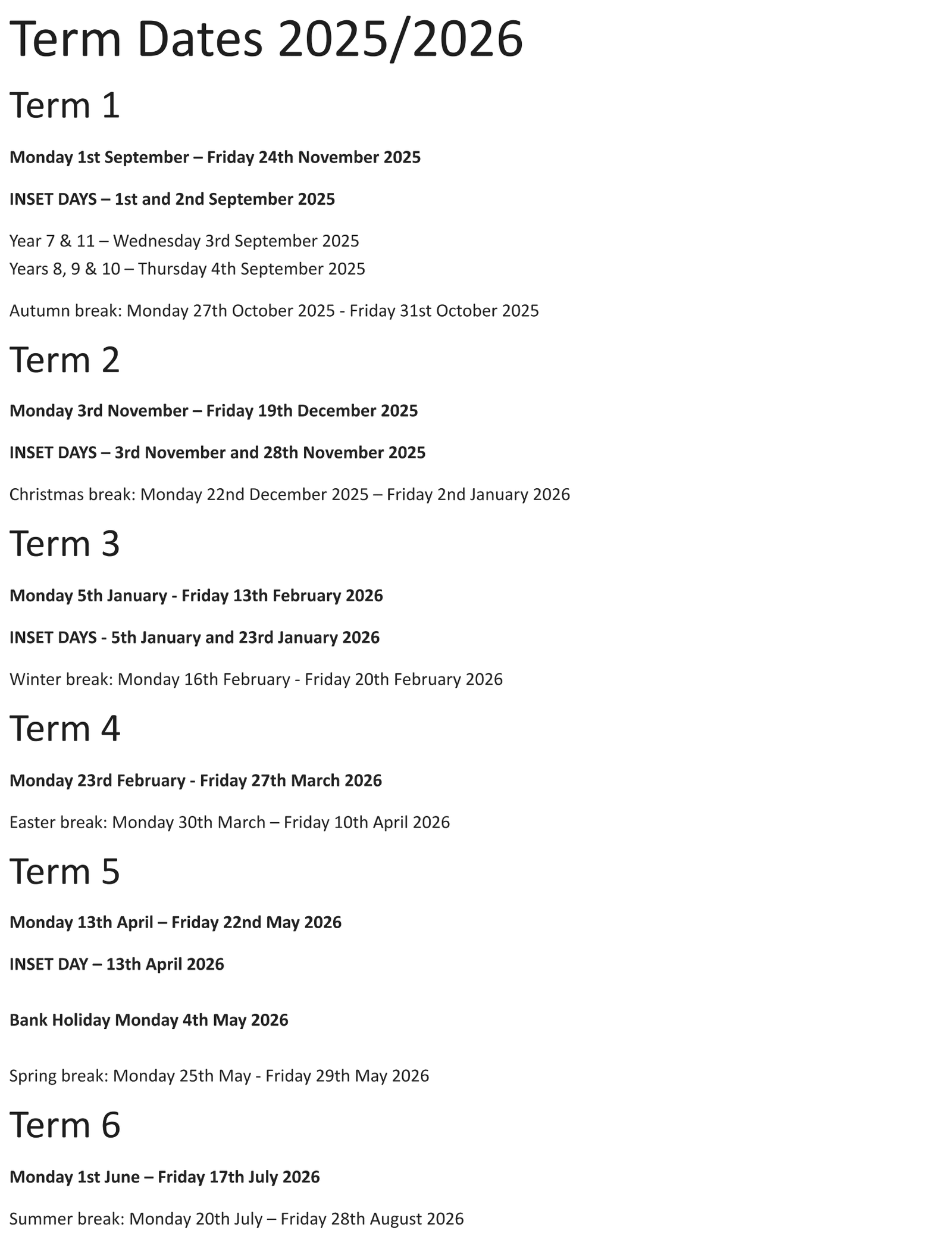 The Hurlingham Academy  term dates 25-26 Updated Term Dates