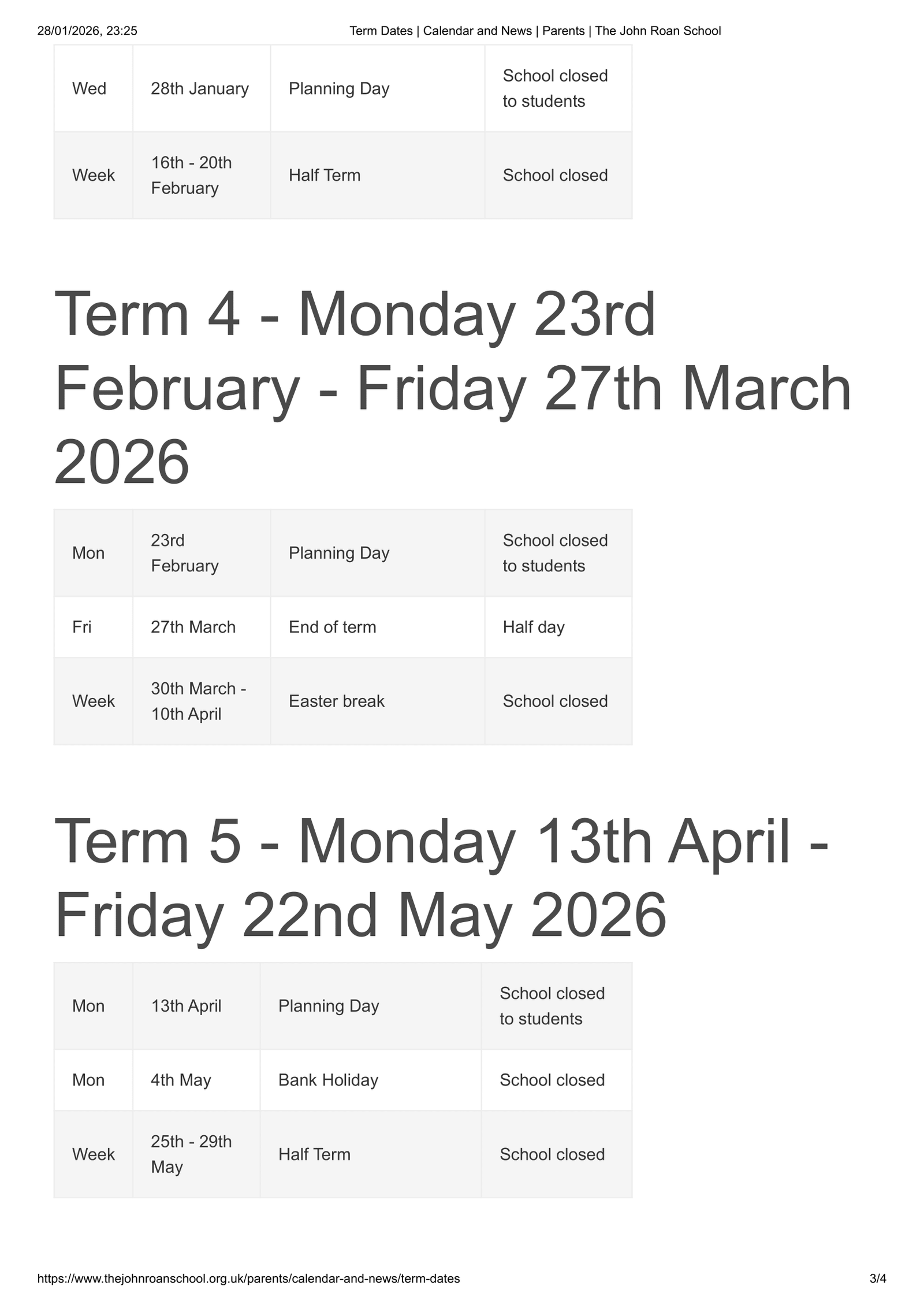 The John Roan School 25-26 Term Dates Revised Term Dates