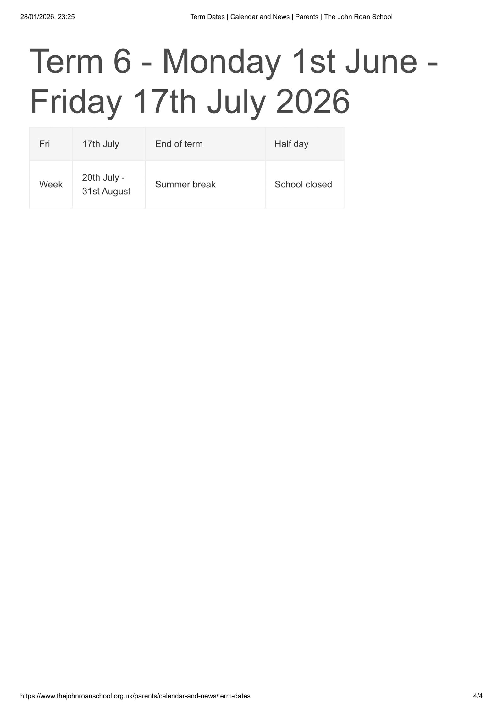 The John Roan School 25-26 Term Dates Revised Term Dates