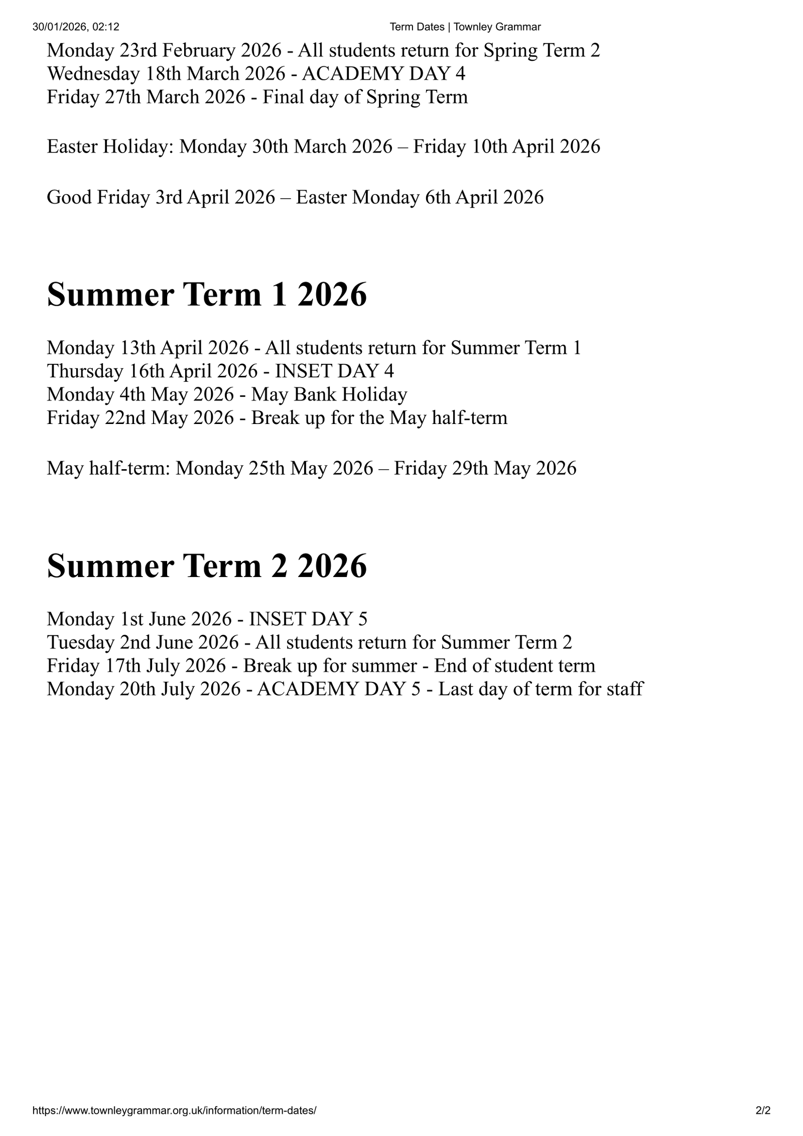 Townley Grammar 25-26 Term Dates Revised Term Dates